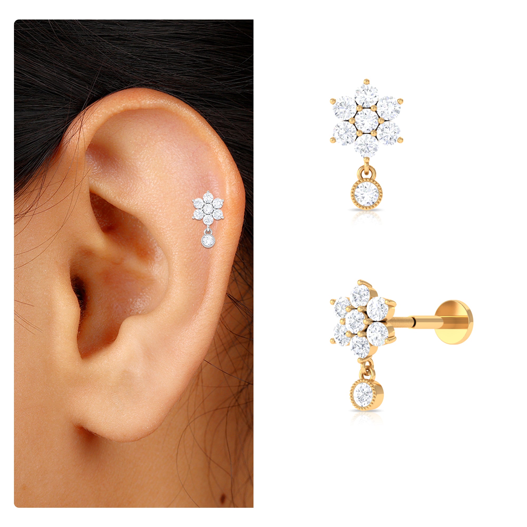 Rosec Jewels-Moissanite Floral Drop Earring for Cartilage Piercing