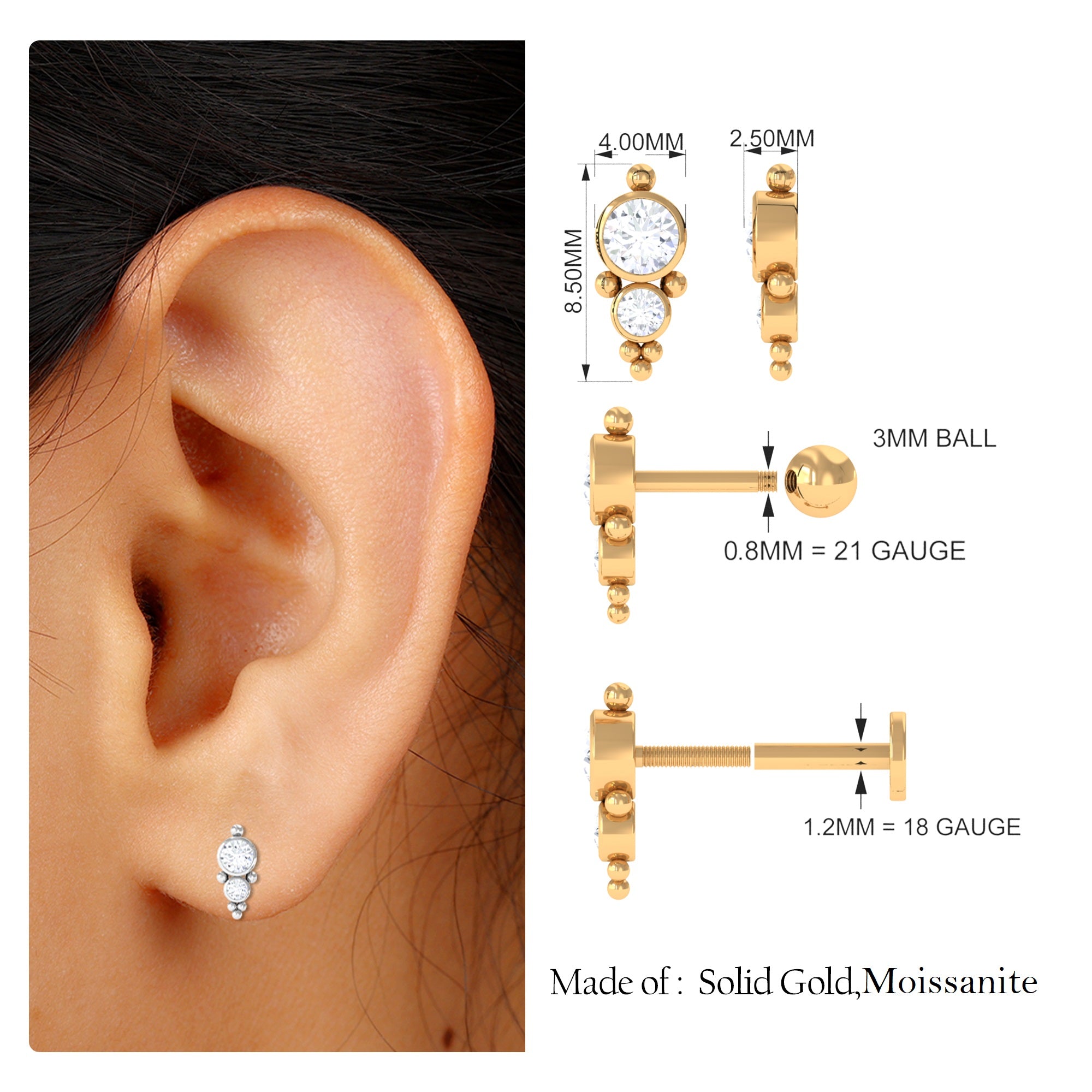 Rosec Jewels-Simple Bezel Set Moissanite Two Stone Tragus Earring