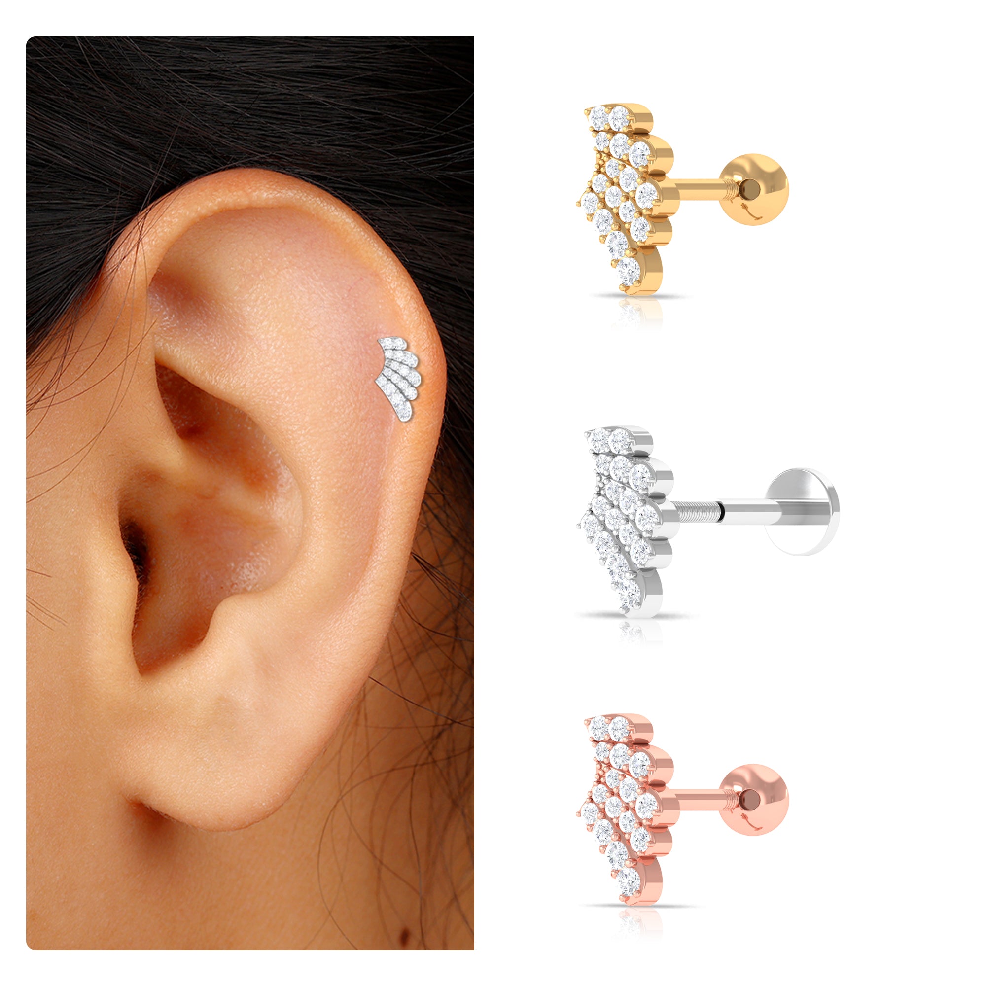 Rosec Jewels-Unique Moissanite Gold Wing Earring for Upper Lobe Piercing