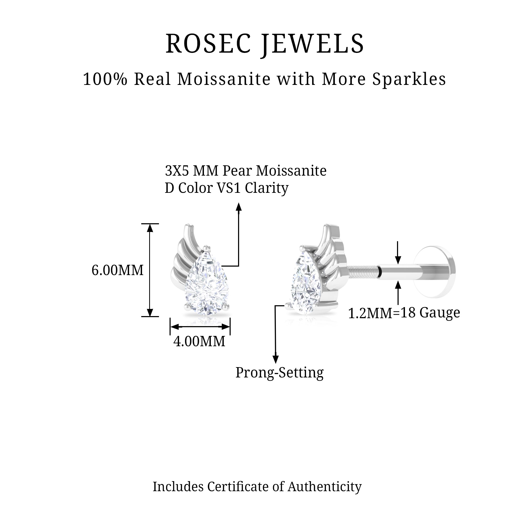 Rosec Jewels-Pear Shape Moissanite Wing Cartilage Earring