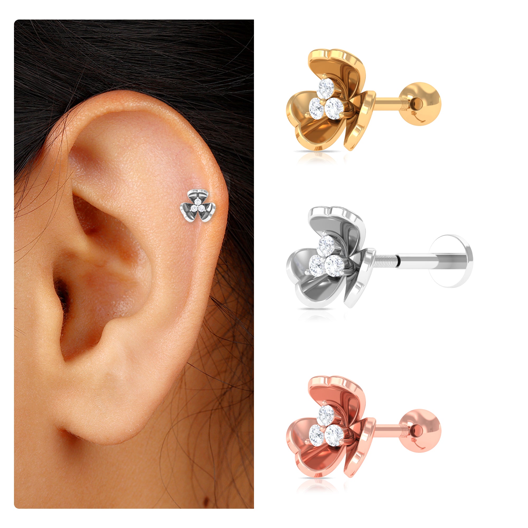 Rosec Jewels-Unique Moissanite Gold Floral Cartilage Earring