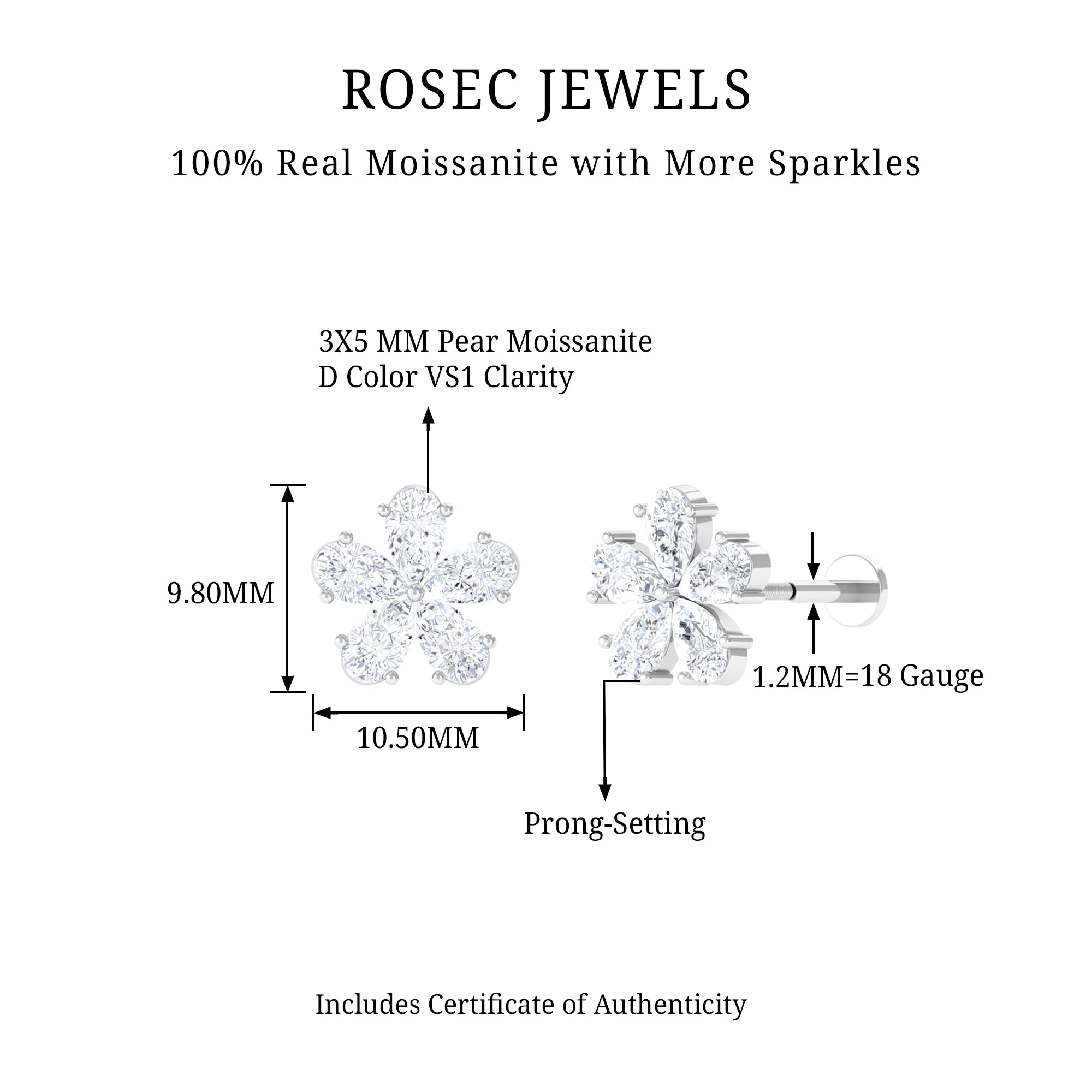 Rosec Jewels-Pear Moissanite Floral Earring for Cartilage Piercing