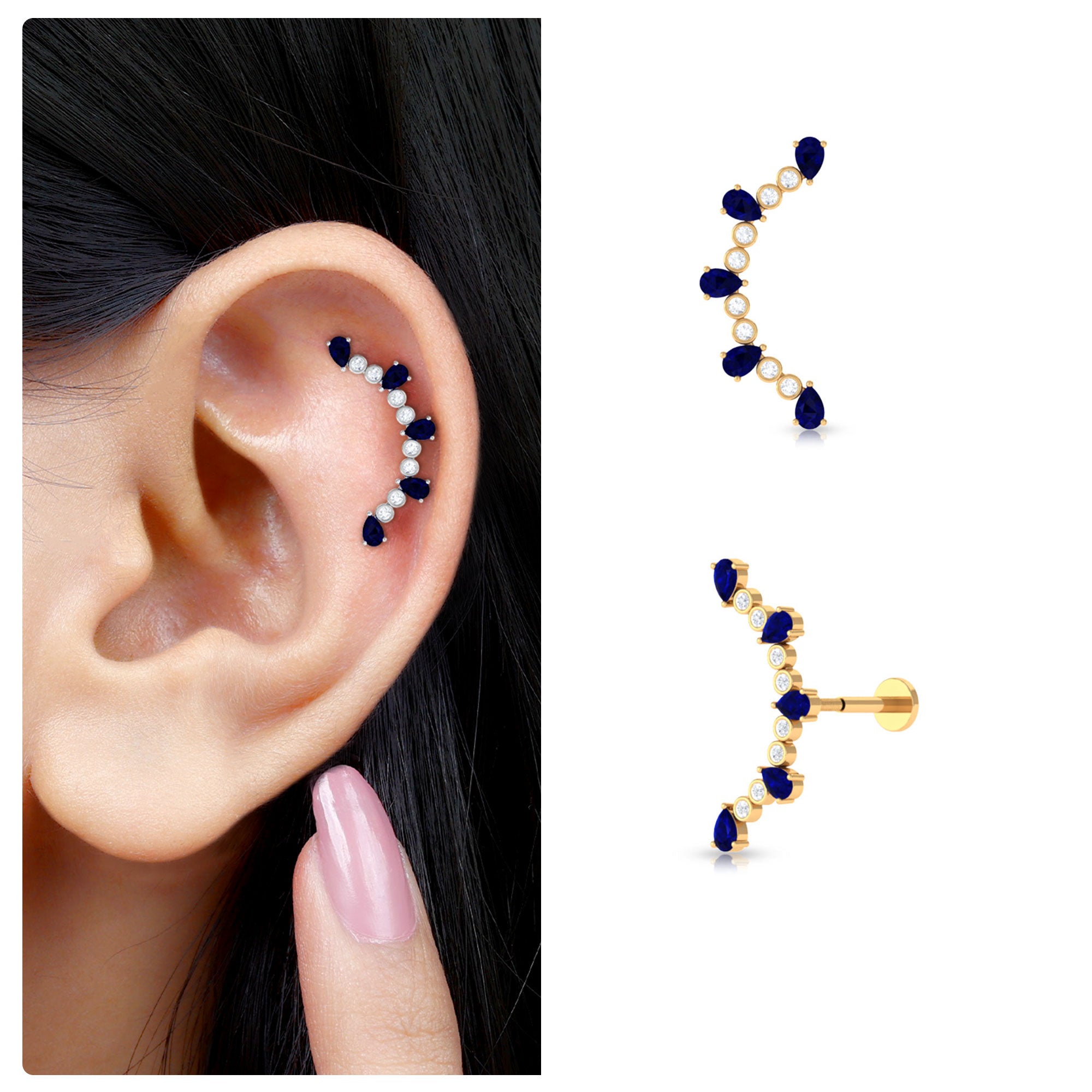 Rosec Jewels-Blue Sapphire and Moissanite Curved Crawler Earring