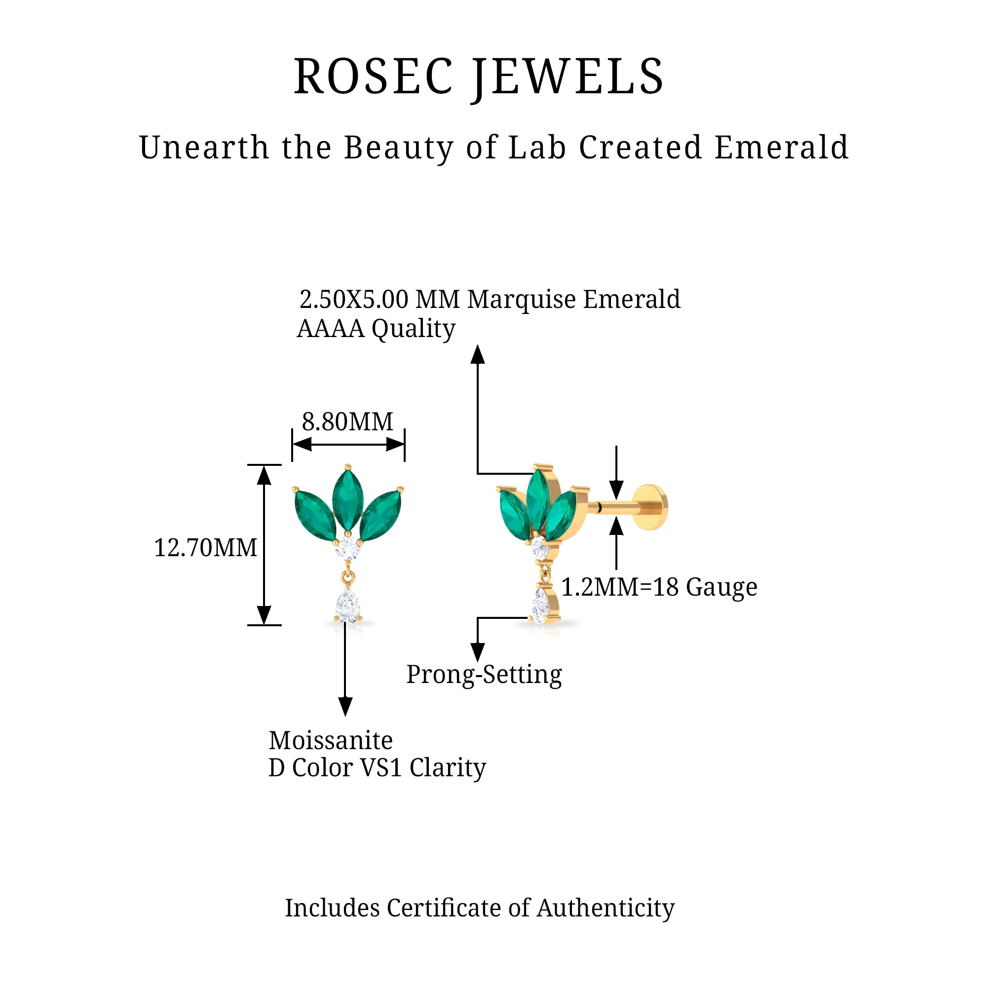 Rosec Jewels-Marquise Created Emerald and Moissanite Flower Drop Earring