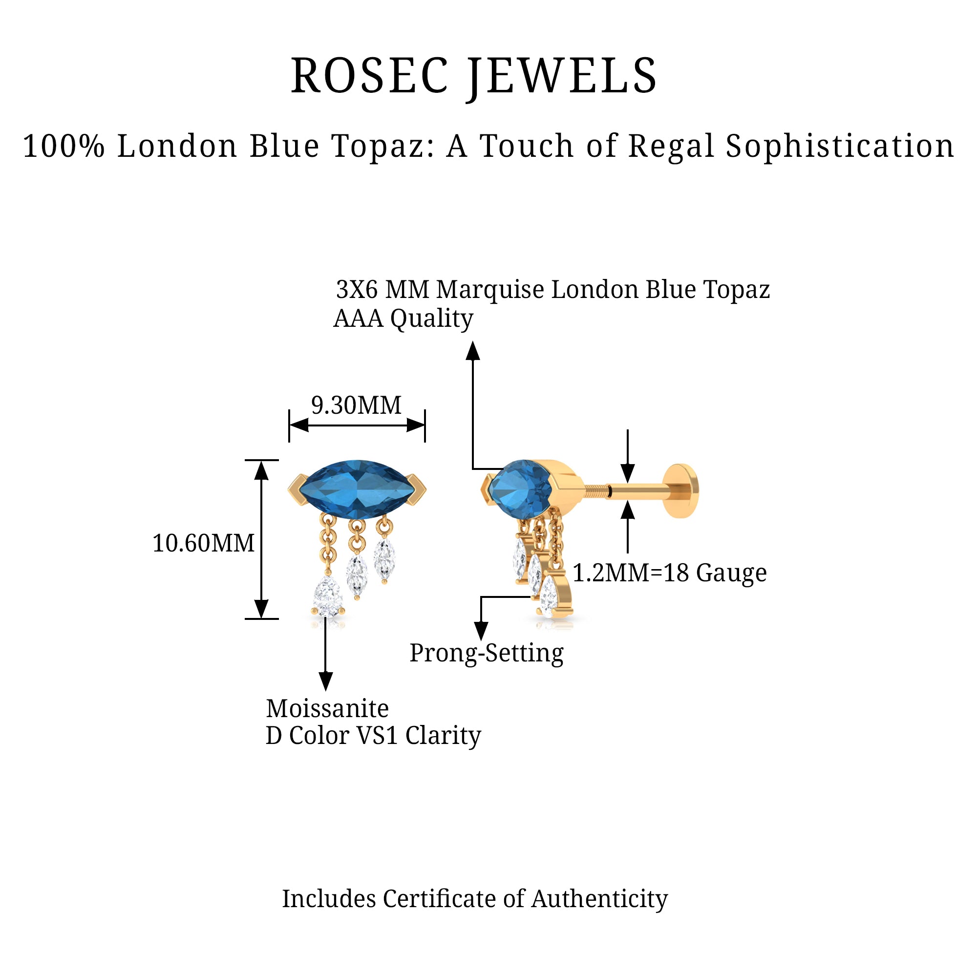 Rosec Jewels-London Blue Topaz Cartilage Earring with Dangling Moissanite