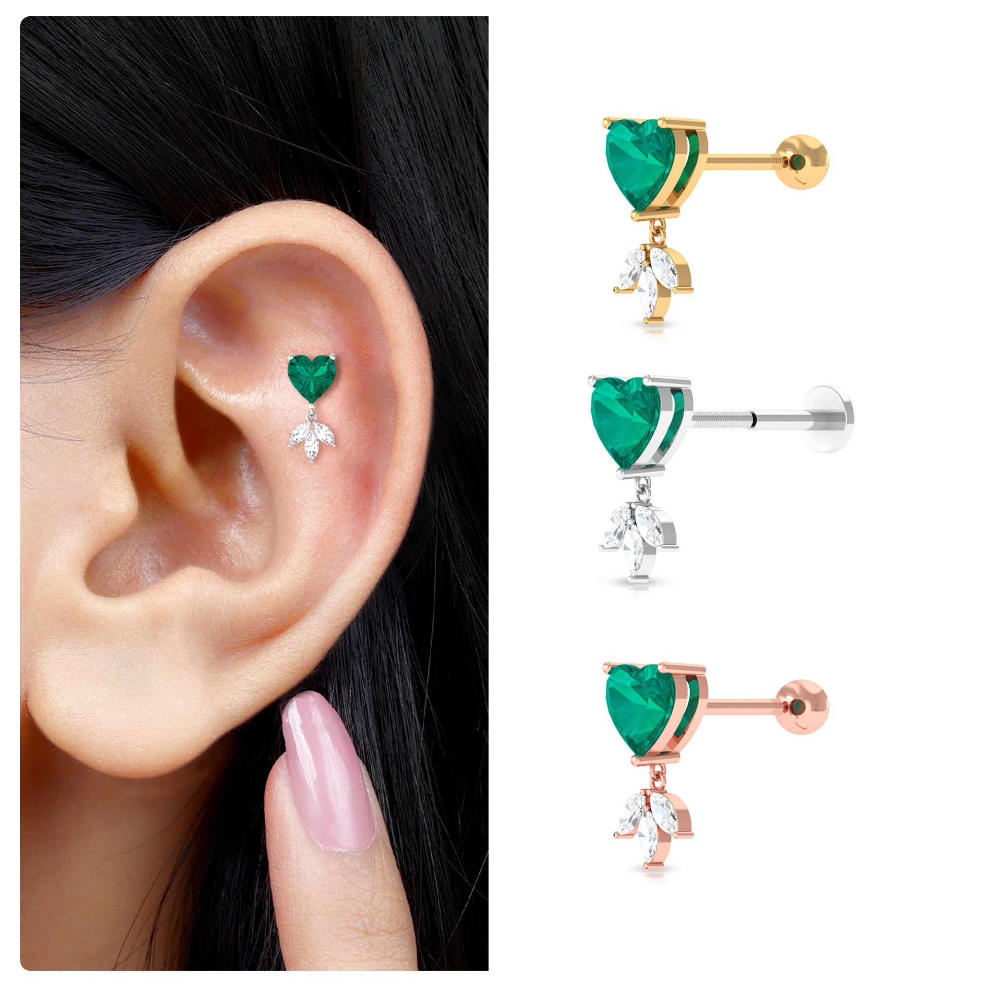 Rosec Jewels-Heart Created Emerald and Moissanite Helix Drop Earring