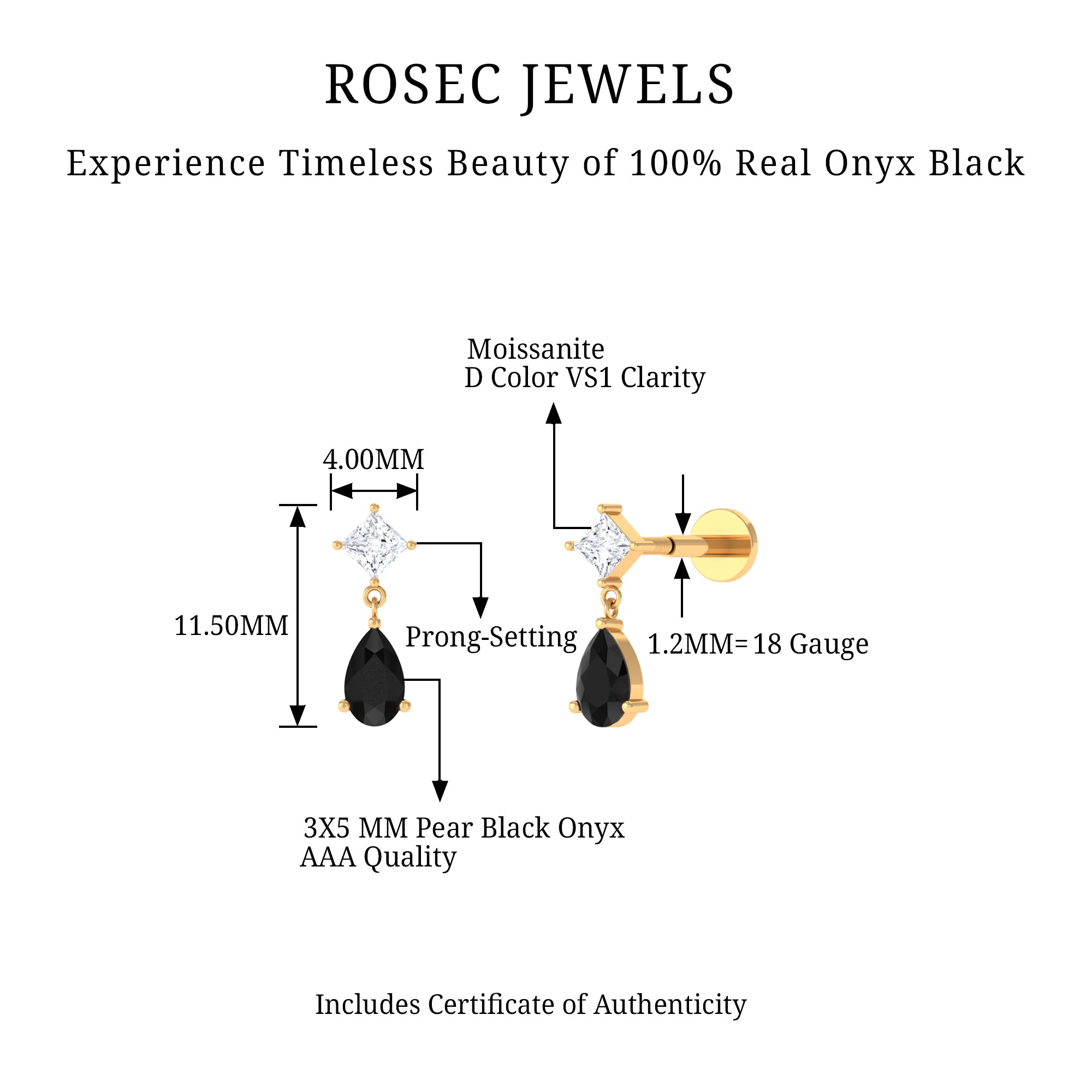 Rosec Jewels-Pear Shape Black Onyx Dangling Helix Earring with Moissanite