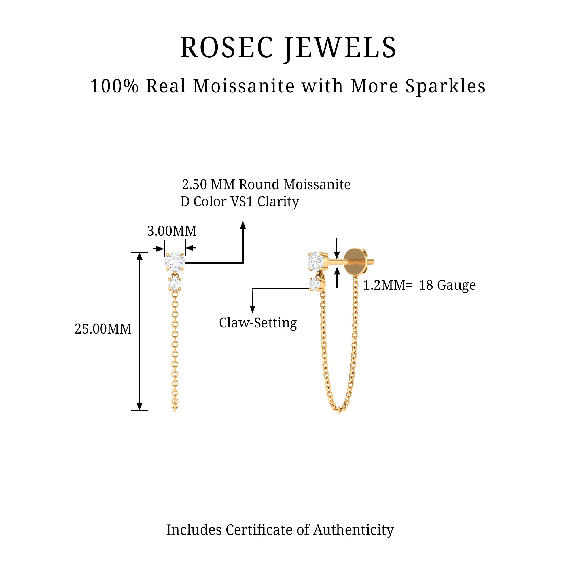 Rosec Jewels-Round Moissanite Chain Drop Earring for Cartilage Piercing