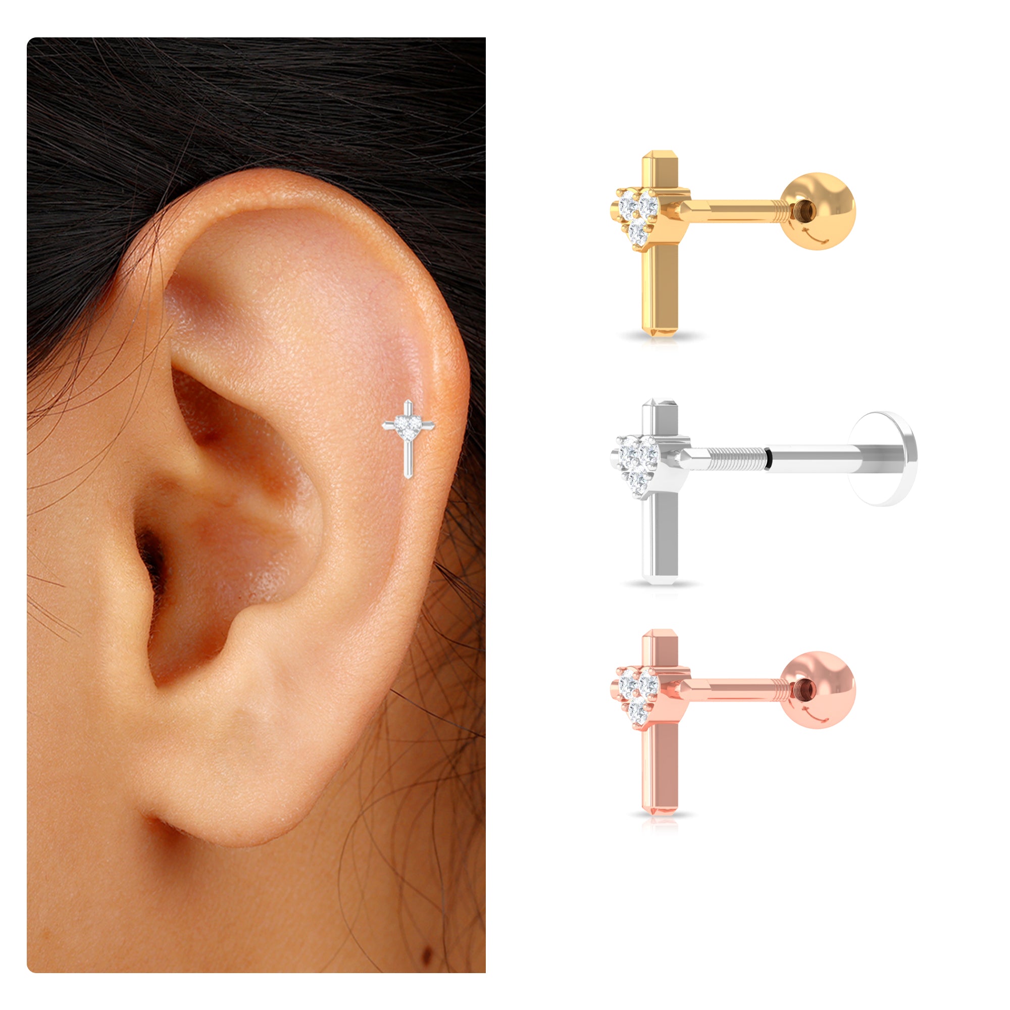 Rosec Jewels-Round Natural Diamond Gold Cross Helix Earring