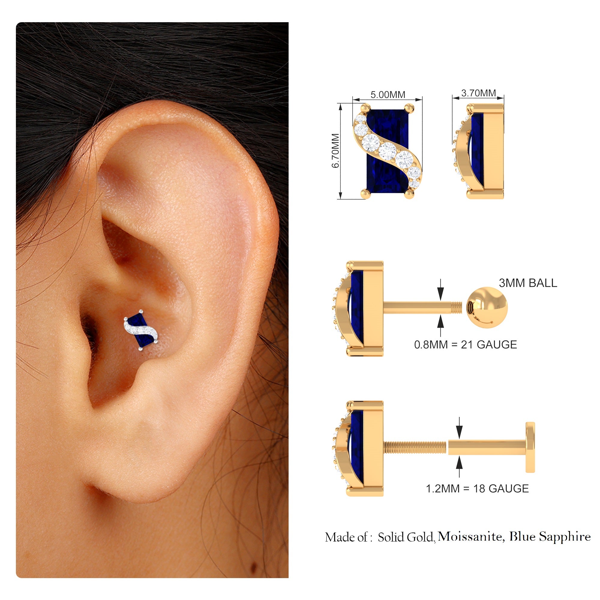 Rosec Jewels-Baguette Cut Blue Sapphire Helix Earring with Moissanite