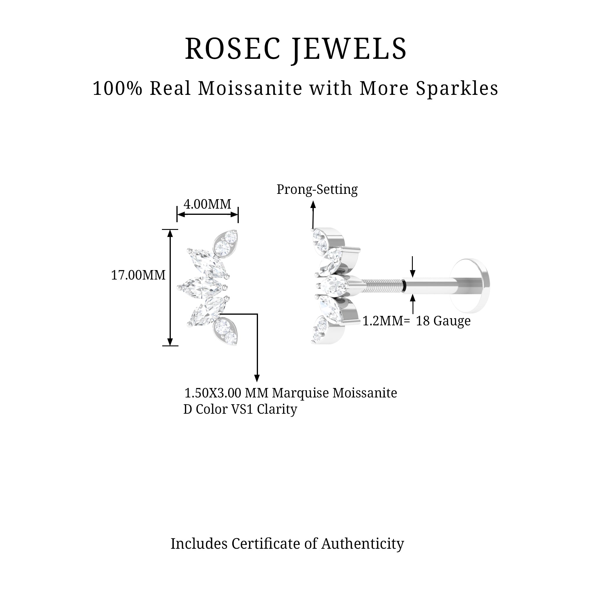 Rosec Jewels-Marquise and Round Cut Moissanite Curved Leaf Helix Earring