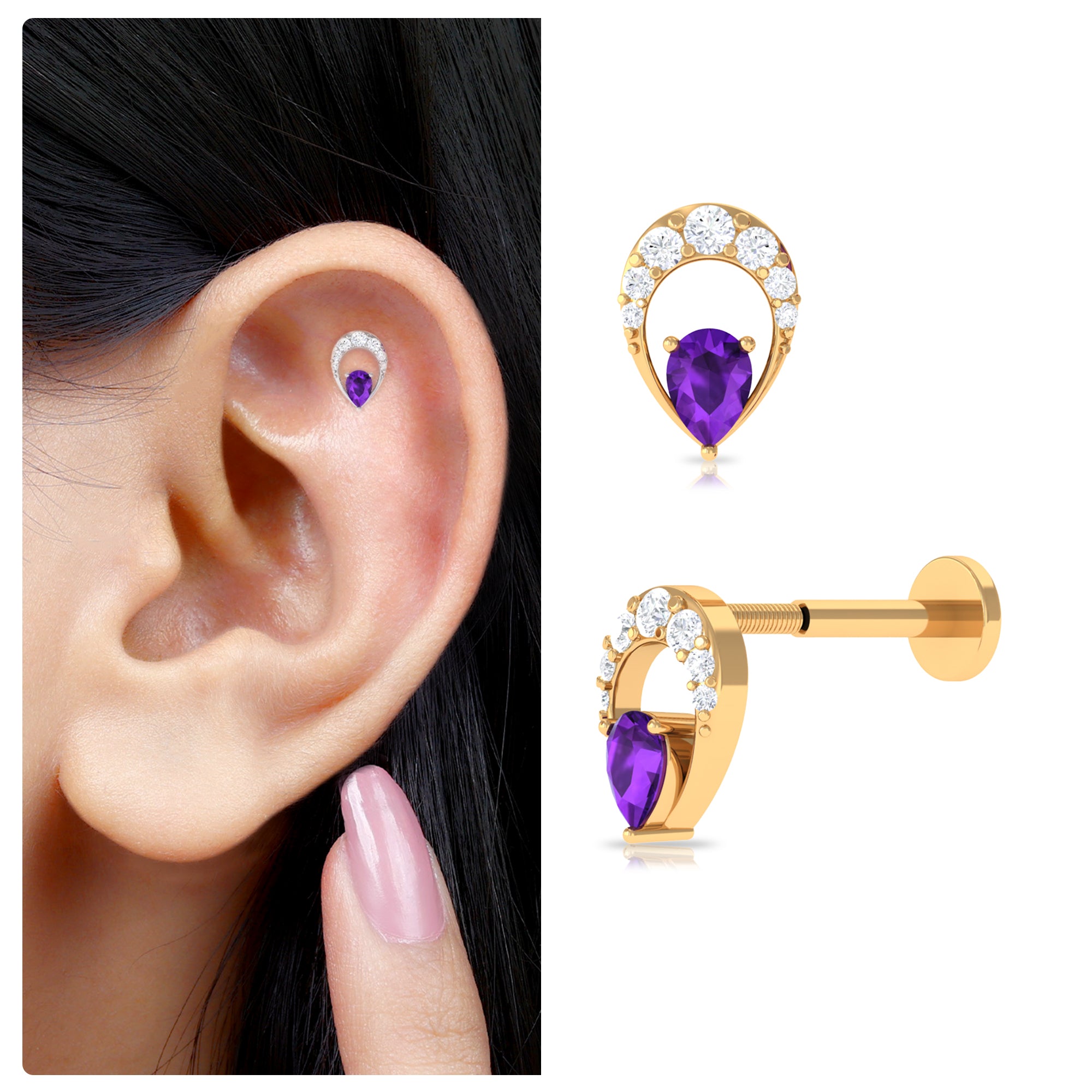 Rosec Jewels-Amethyst and Moissanite Pear Shape Cartilage Earring