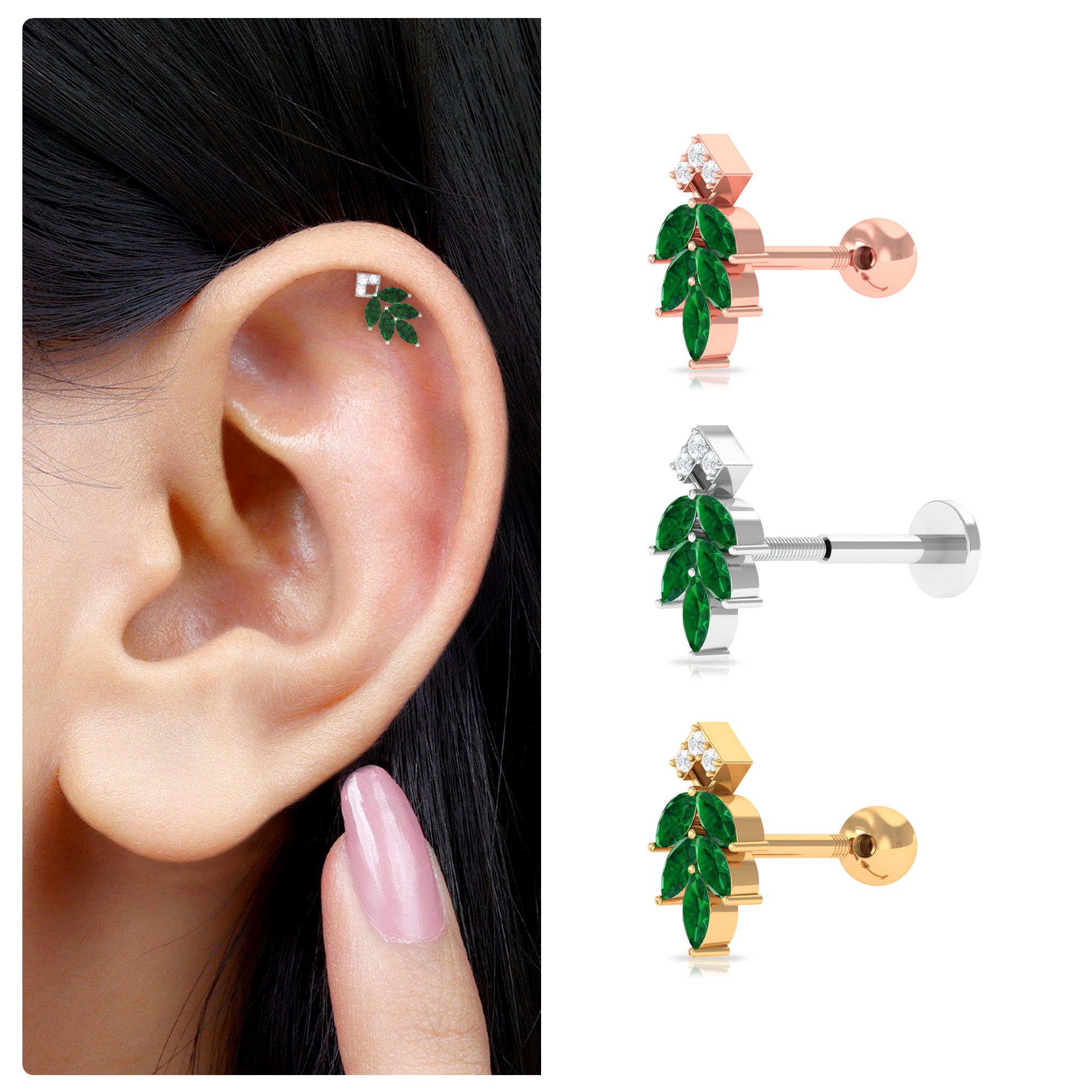 Rosec Jewels-Emerald and Diamond Leaf Cartilage Earring