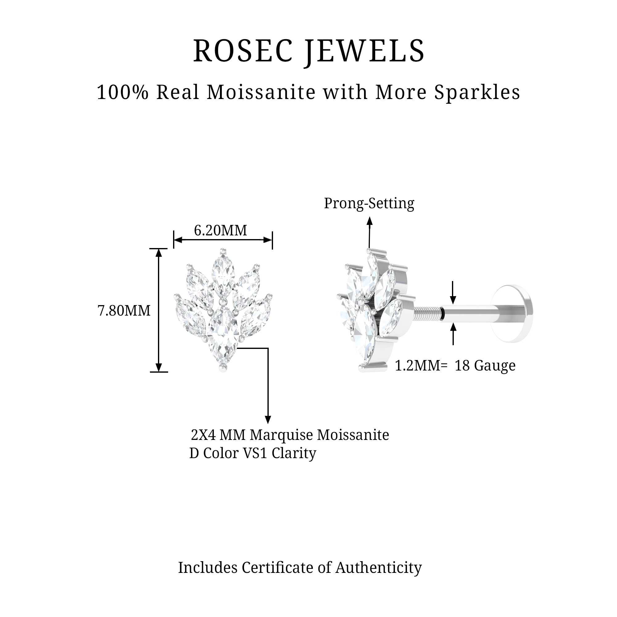 Rosec Jewels-Marquise Moissanite Cluster Leaf Earring for Cartilage Piercing