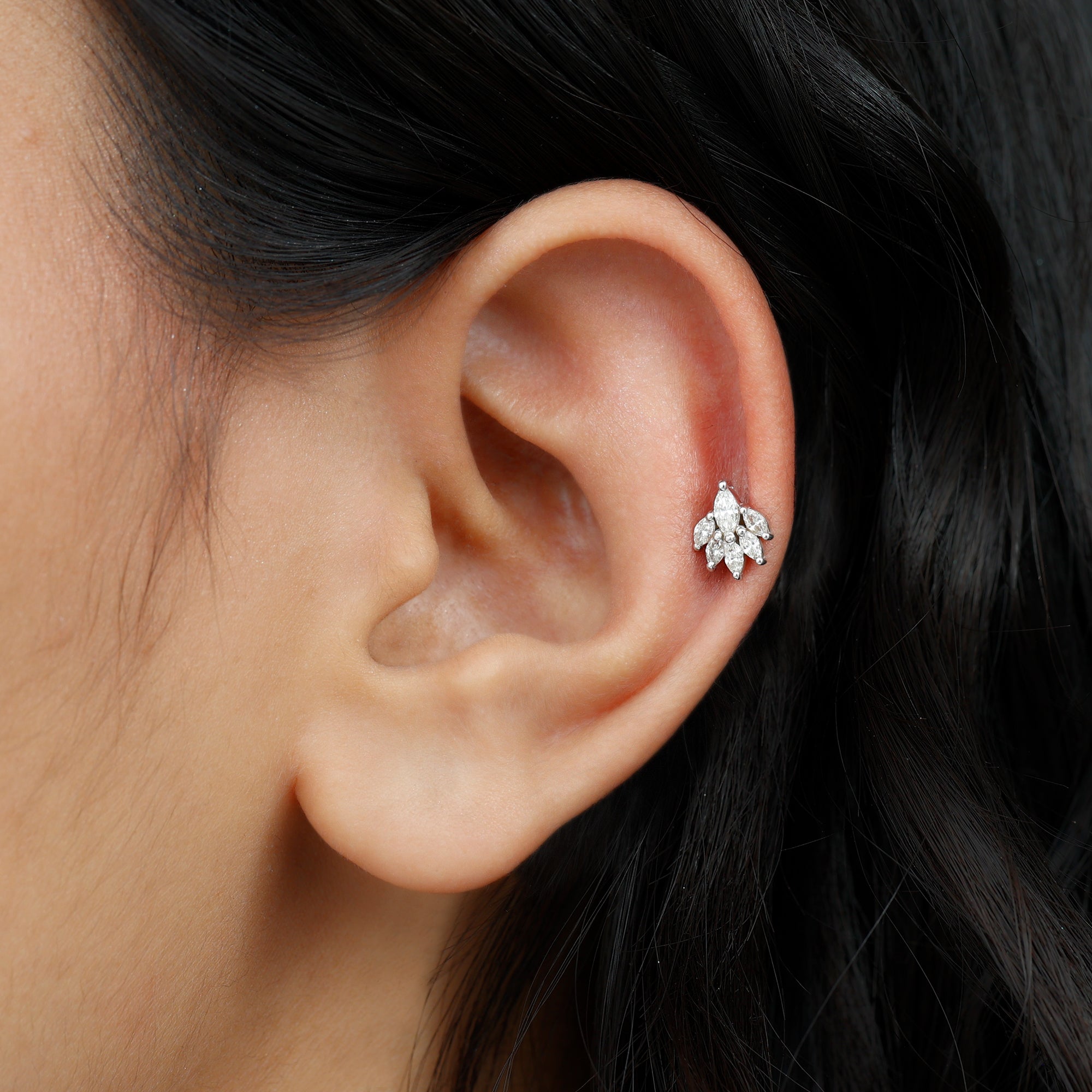 Rosec Jewels-Marquise Moissanite Cluster Leaf Earring for Cartilage Piercing