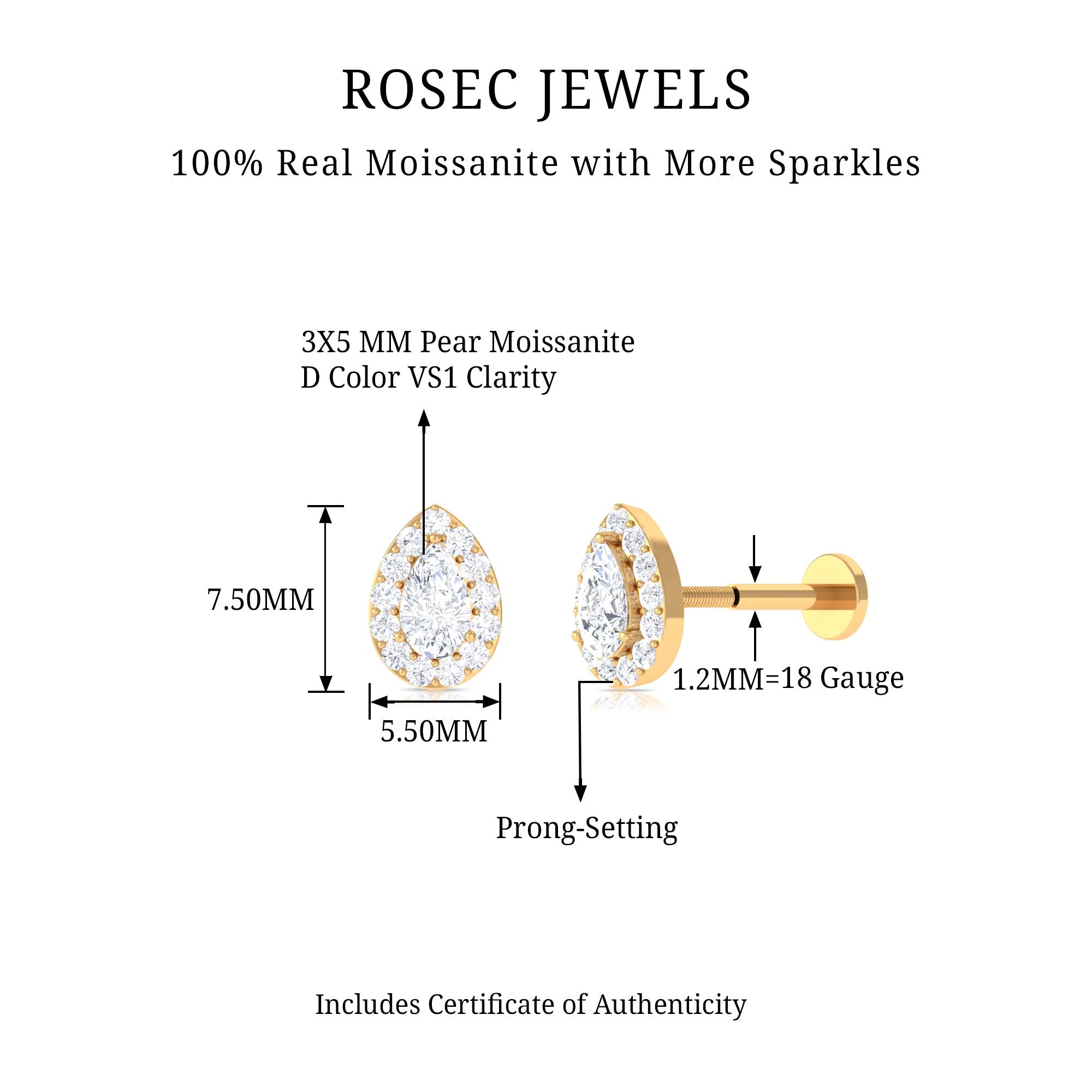 Rosec Jewels-Pear Shaped Moissanite Halo Earring for Cartilage Piercing