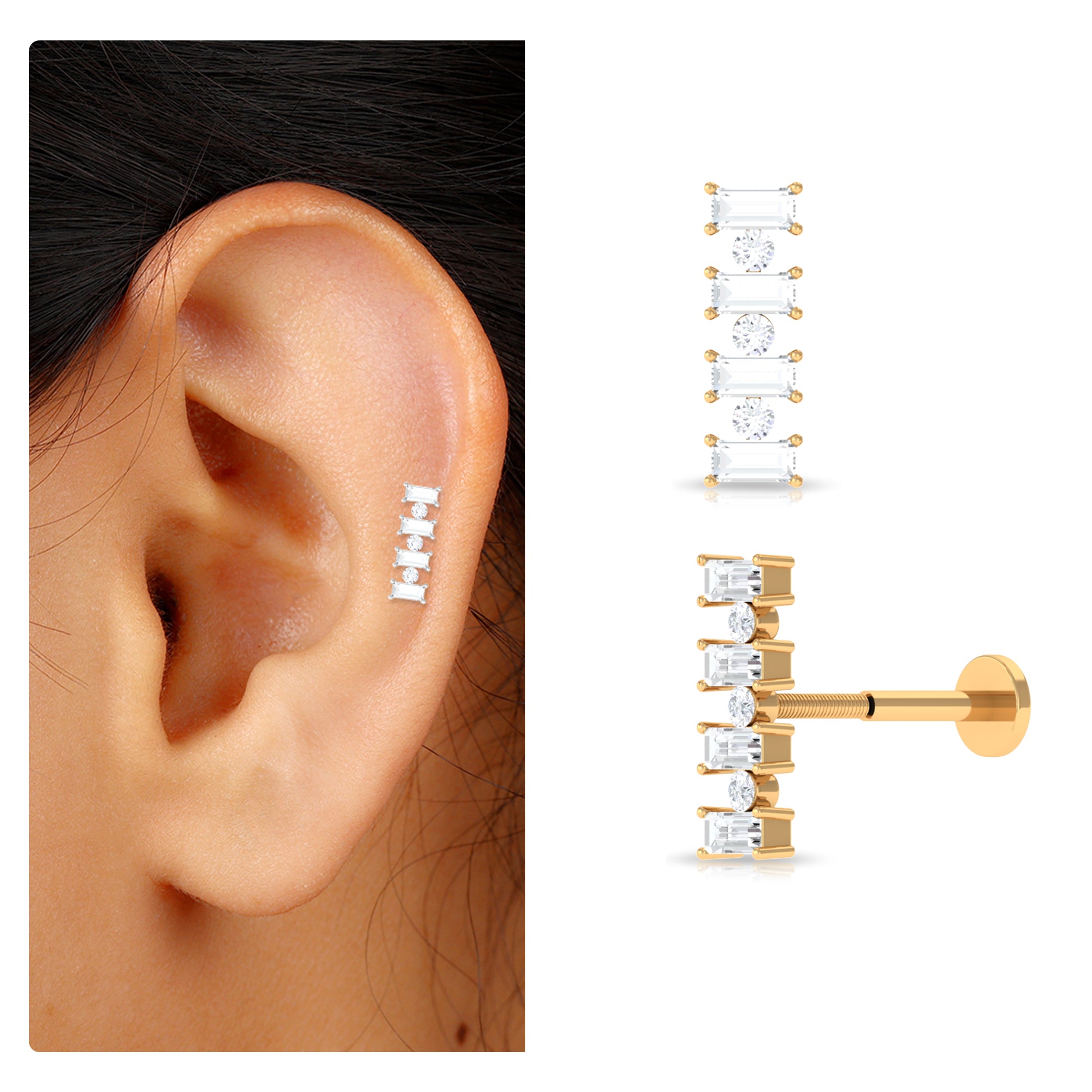 Rosec Jewels-Baguette Moissanite Gold Bar Cartilage Earring