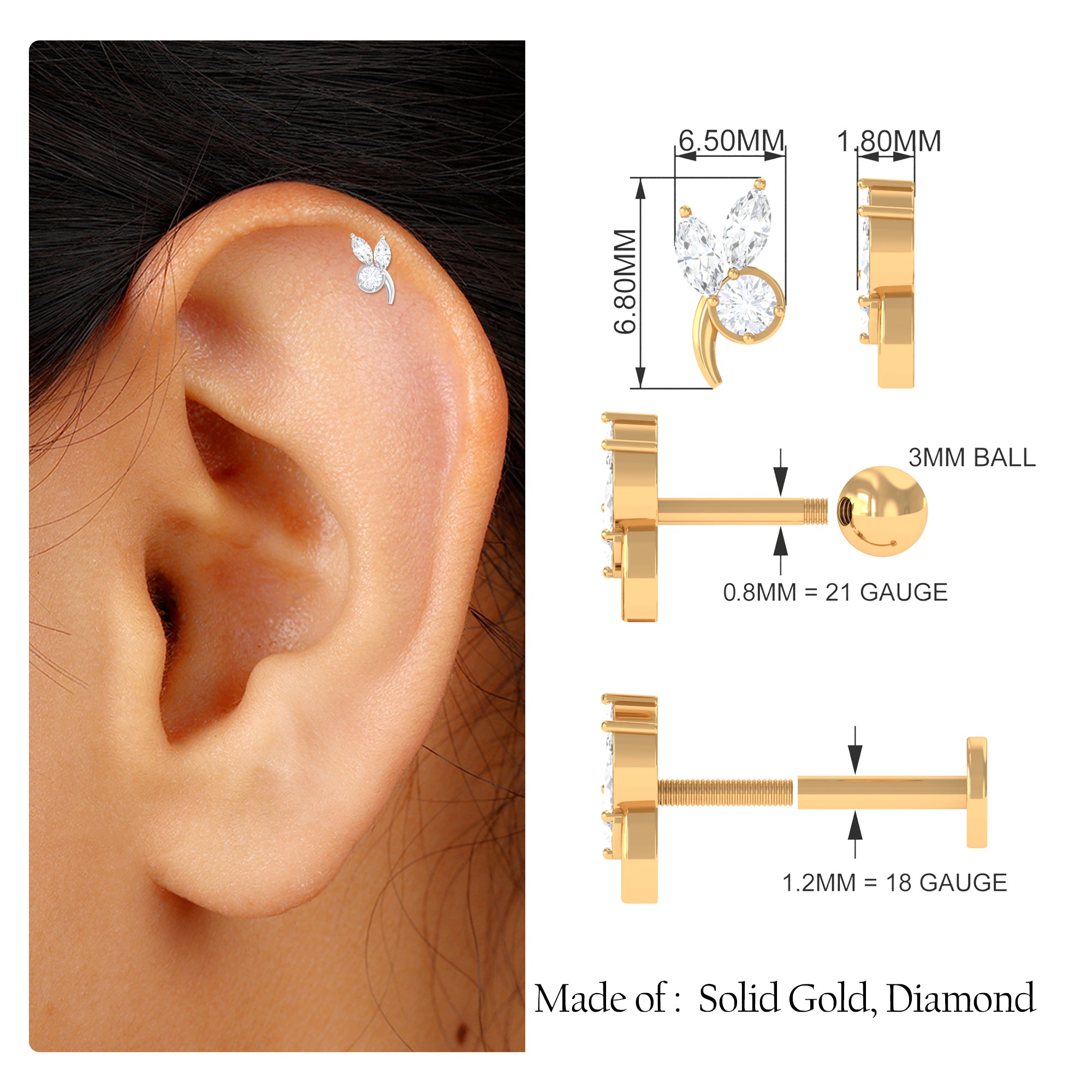 Rosec Jewels-Marquise and Round Moissanite Gold Leaf Earring