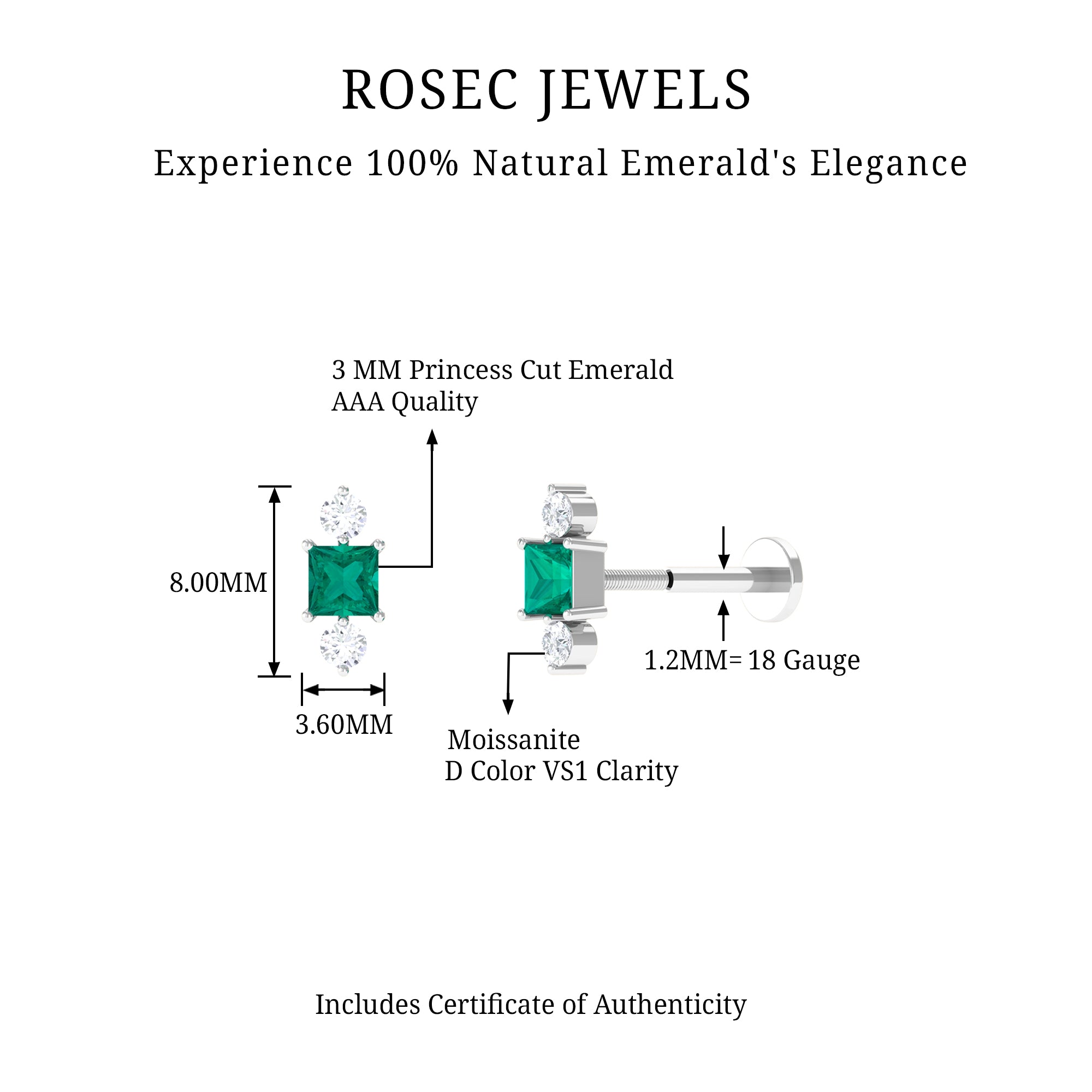 Rosec Jewels-Minimalist Emerald and Moissanite Helix Earring