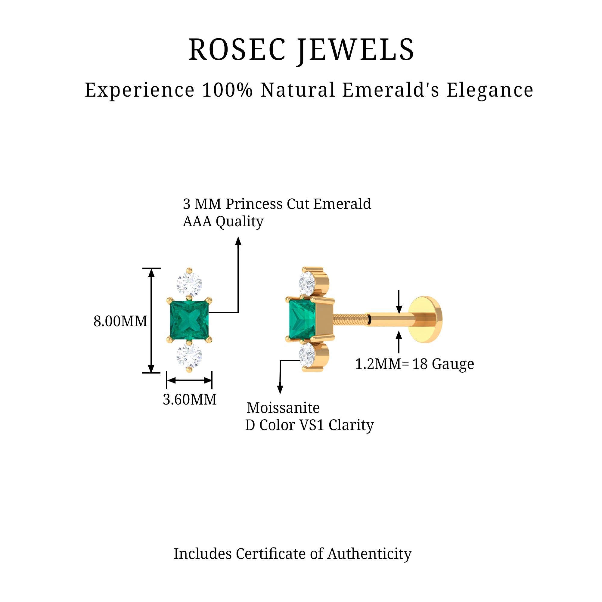 Rosec Jewels-Minimalist Emerald and Moissanite Helix Earring