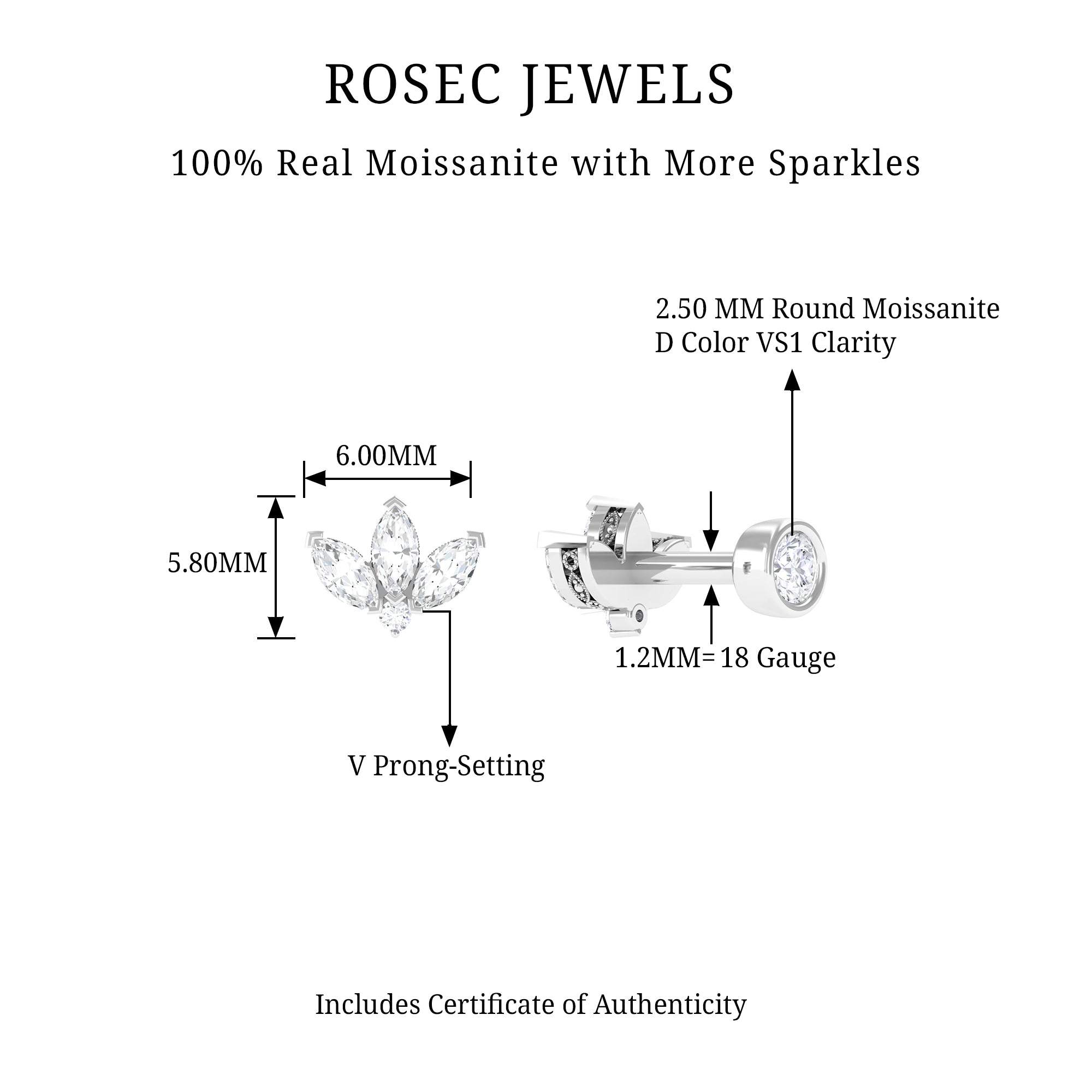 Rosec Jewels-Marquise Moissanite Lotus Flower Earring for Helix Piercing