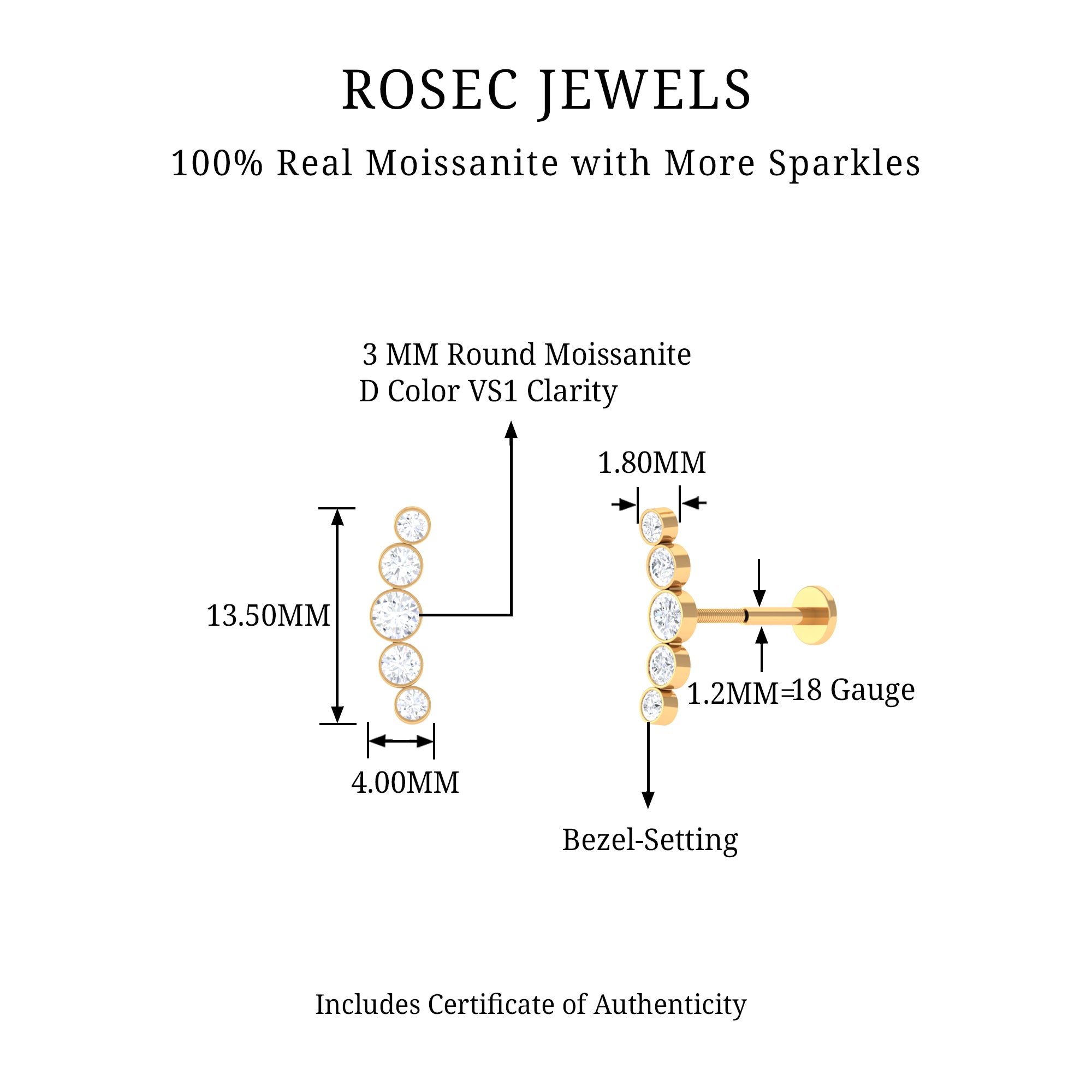 Rosec Jewels-Bezel Set Round Moissanite Curved Crawler Earring