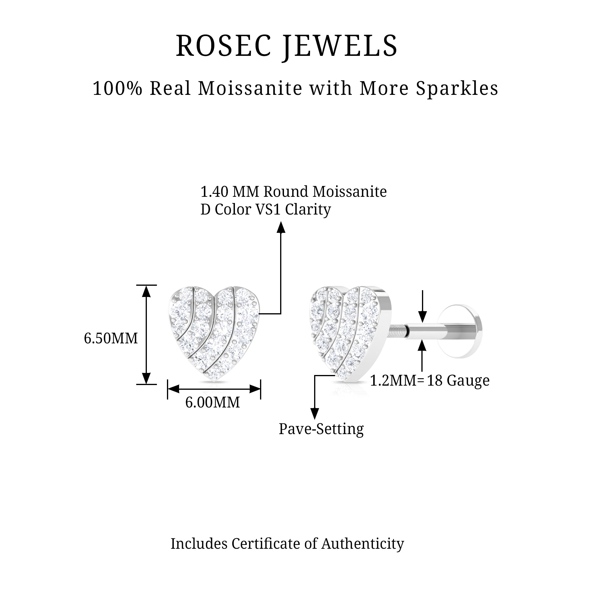 Rosec Jewels-Moissanite Gold Heart Earring for Cartilage Piercing