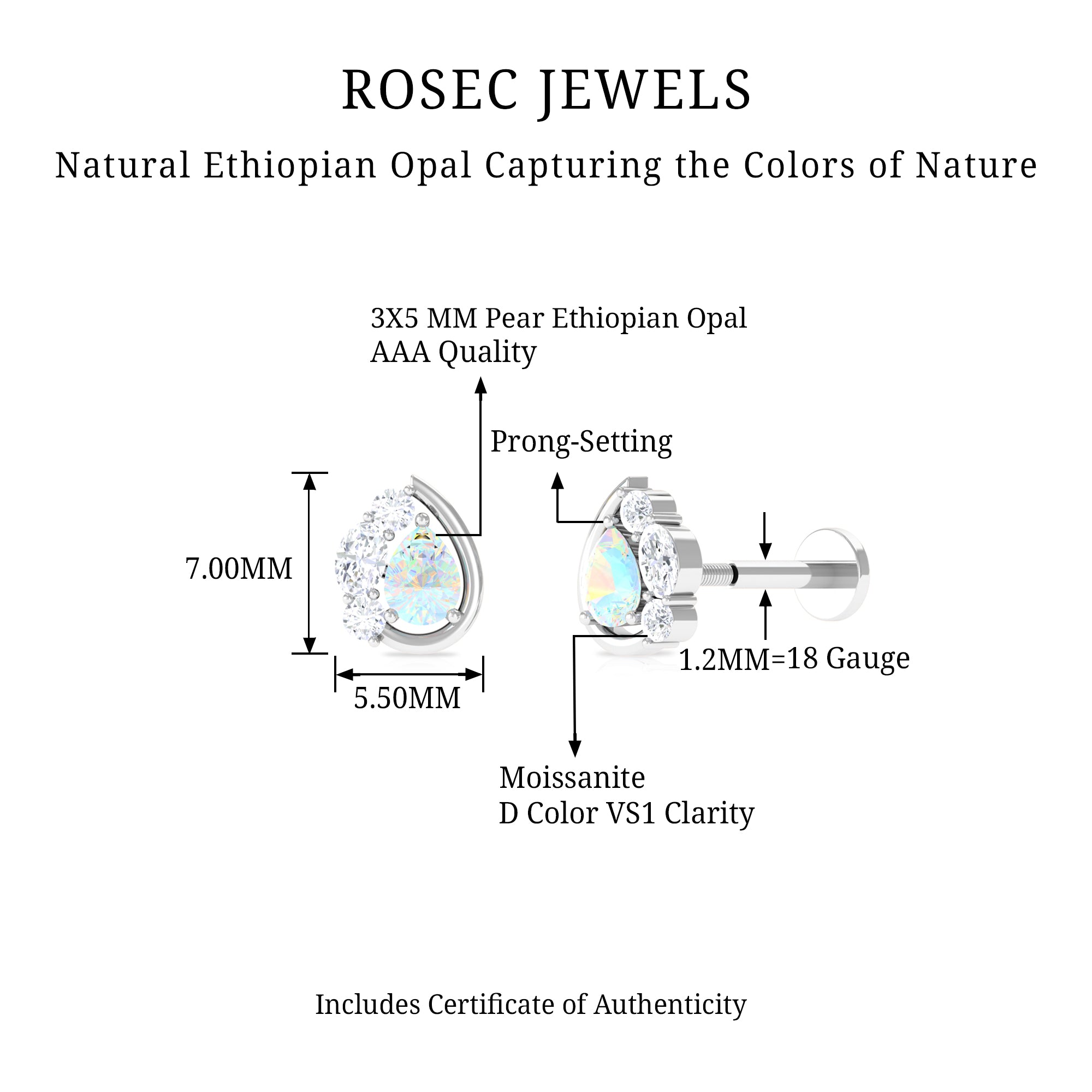 Rosec Jewels-Pear Shape Ethiopian Opal and Moissanite Cartilage Earring