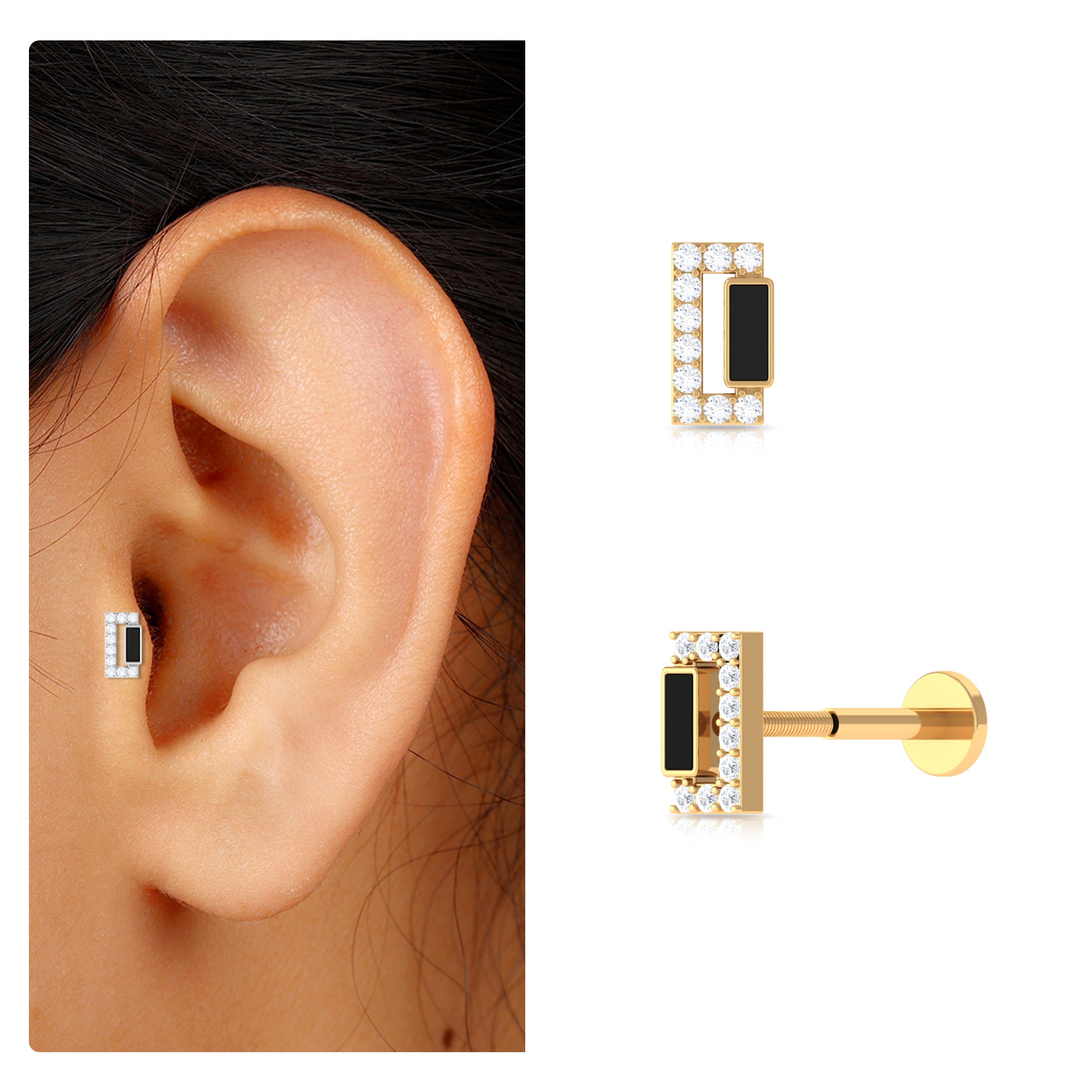 Rosec Jewels-Diamond Gold Bar Tragus Earring with Black Enamel