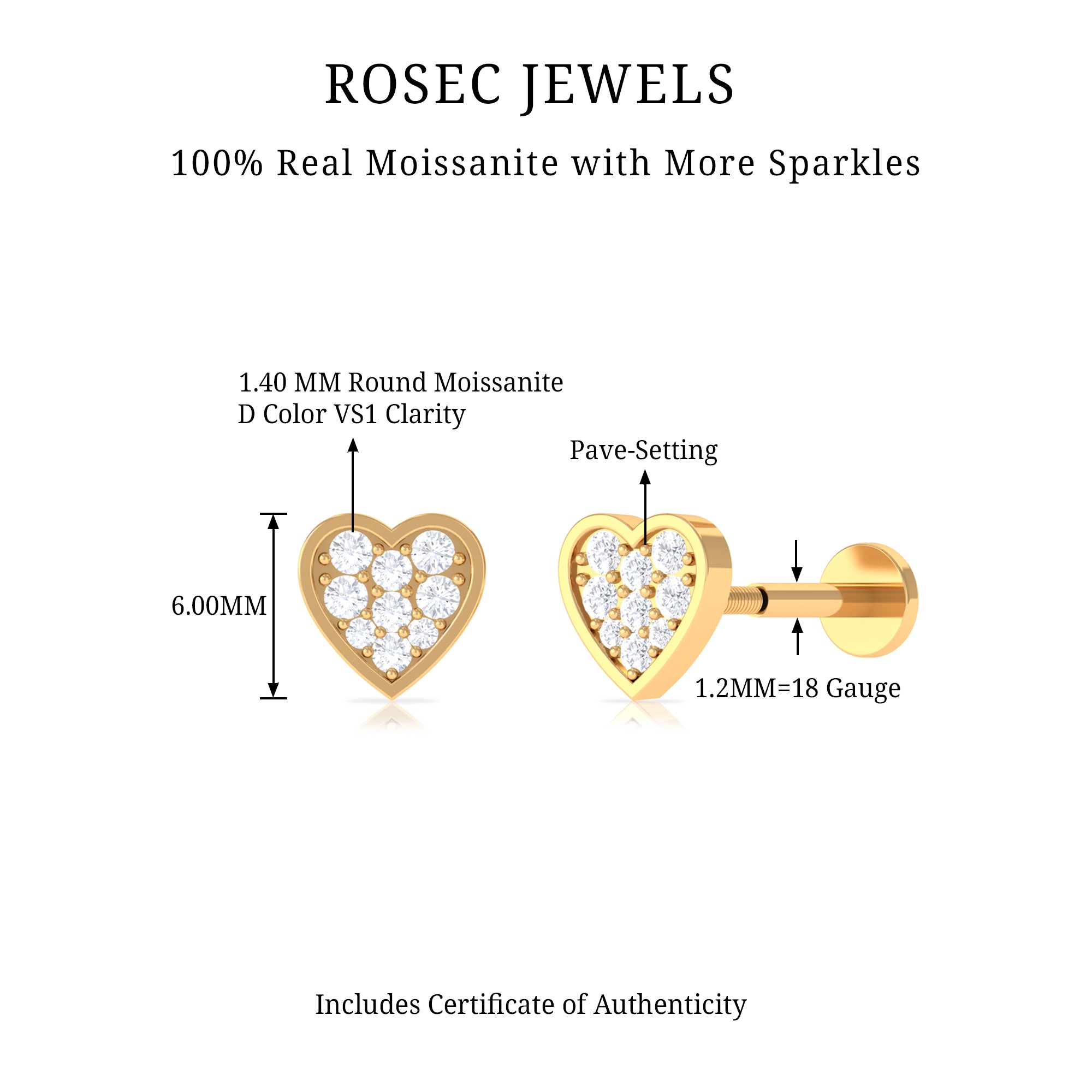 Rosec Jewels-Real Moissanite Heart Earring for Upper Lobe Piercing