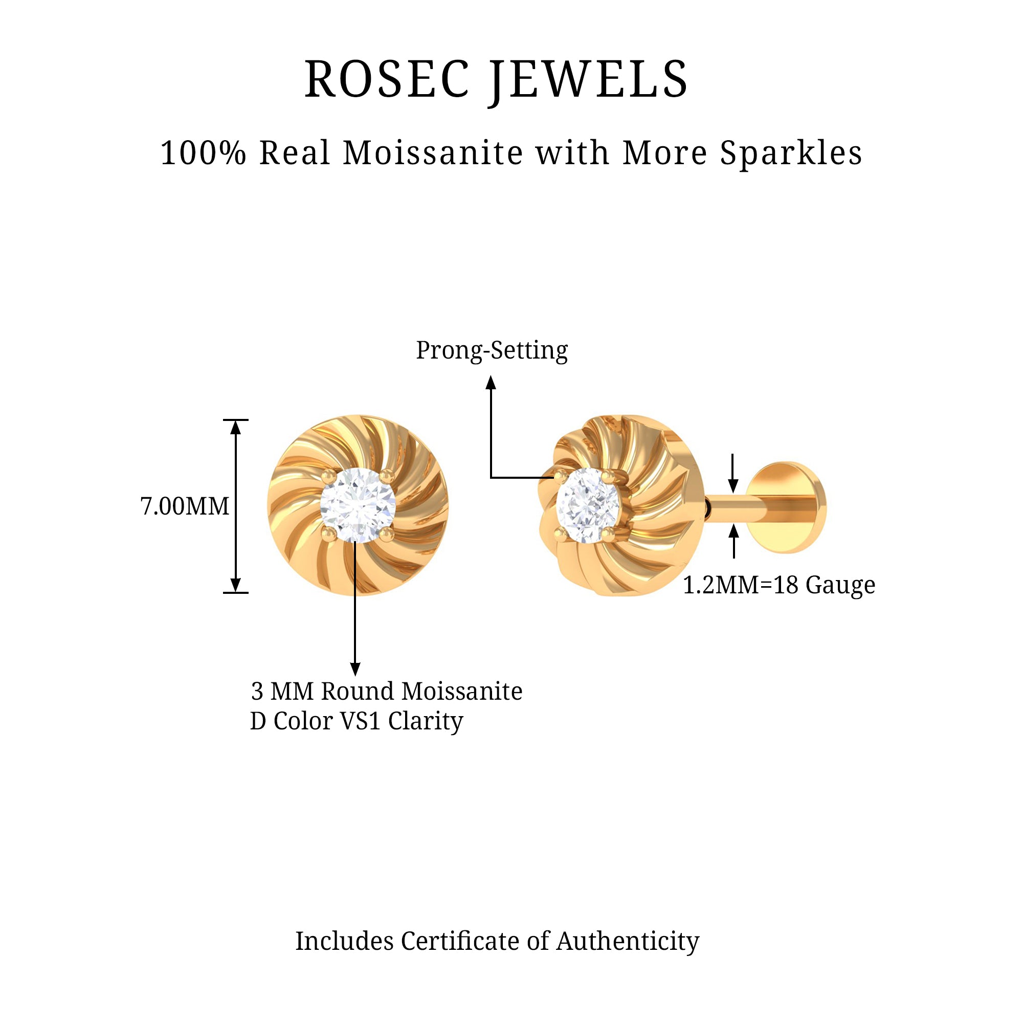 Rosec Jewels-Round Moissanite Gold Swirl Earring for Helix Piercing