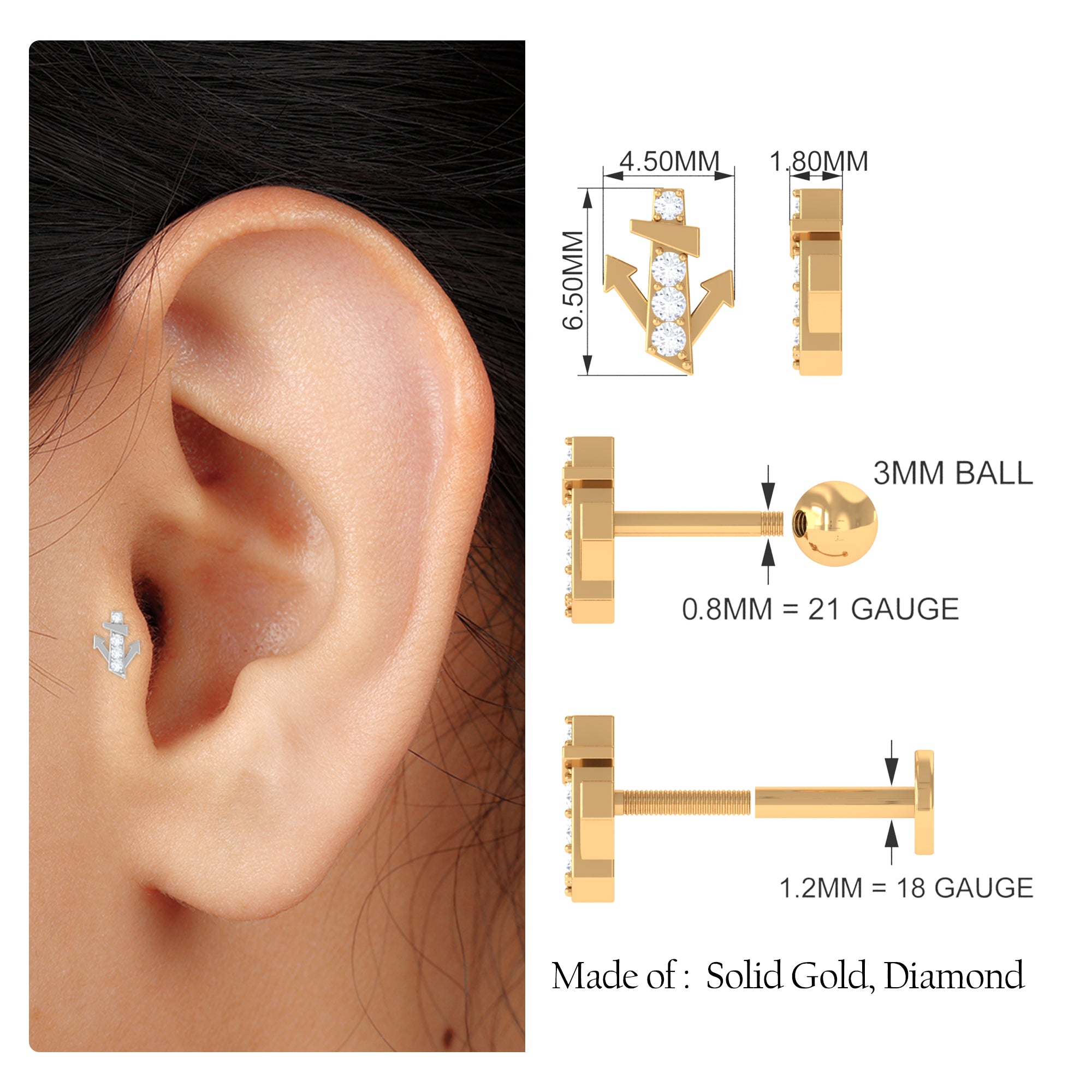 Rosec Jewels-Natural Diamond Quirky Helix Earring in Gold