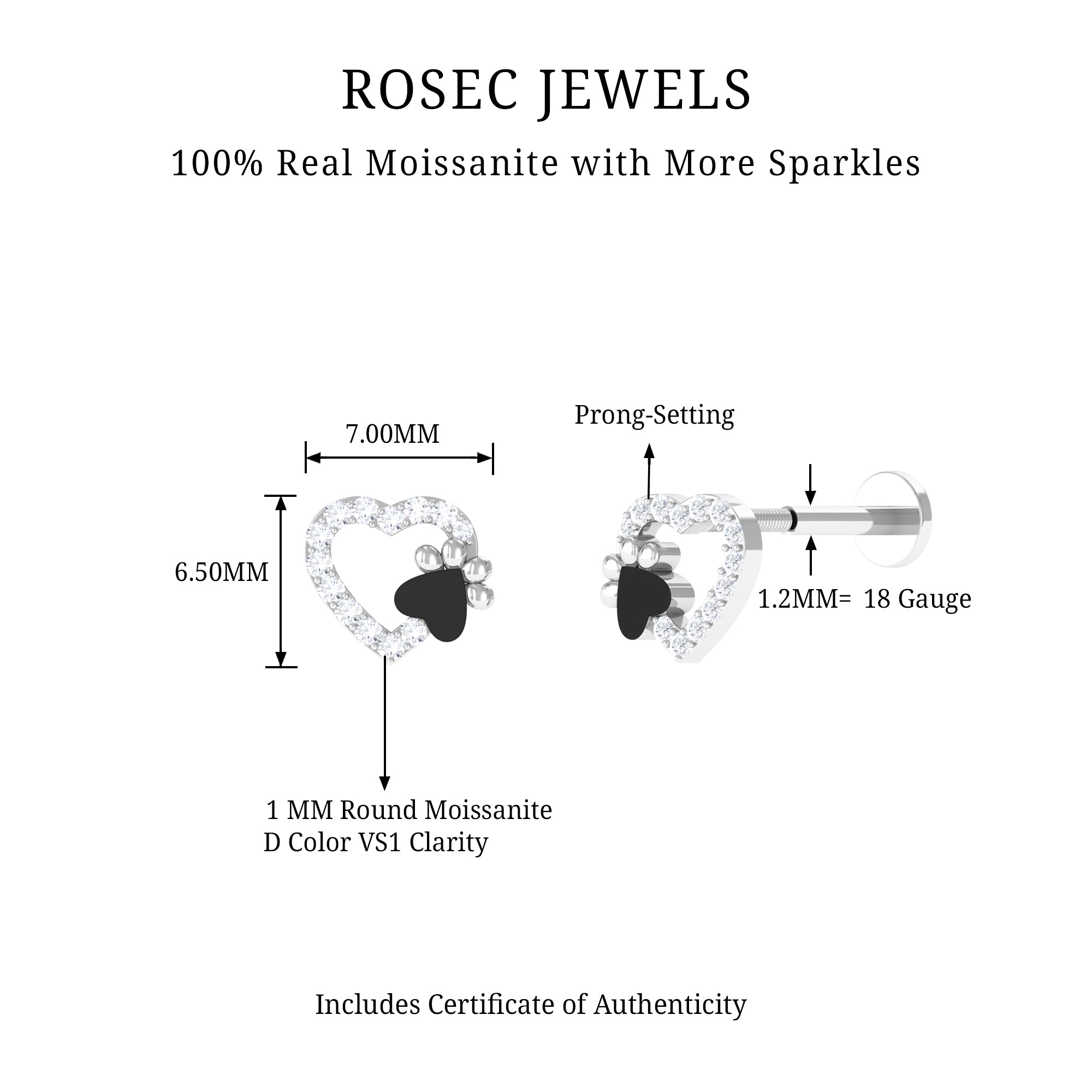 Rosec Jewels-Cute Moissanite Heart and Paw Cartilage Earring with Enamel