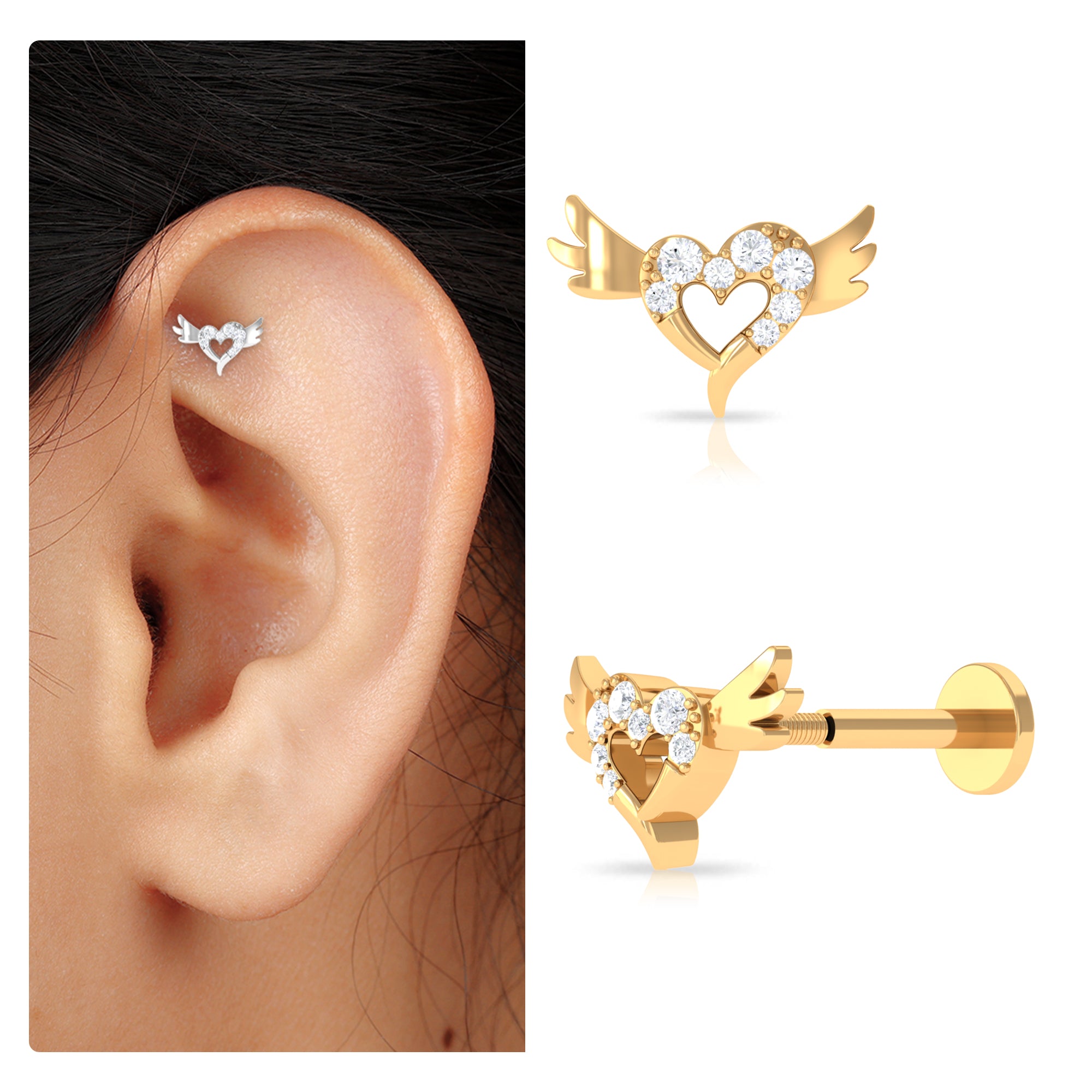 Rosec Jewels-Real Diamond Heart Cartilage Earring with Gold Wings