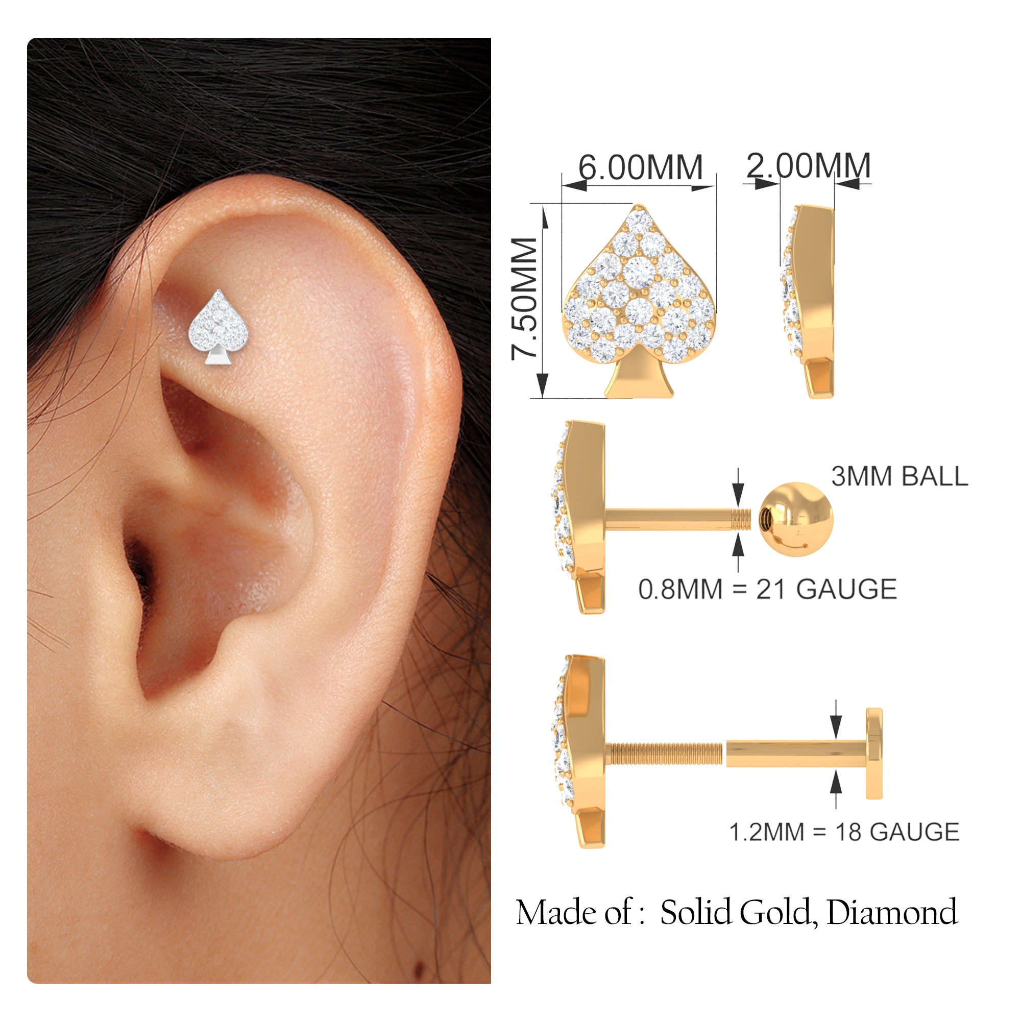 Rosec Jewels-Moissanite Spade Earring for Cartilage Piercing