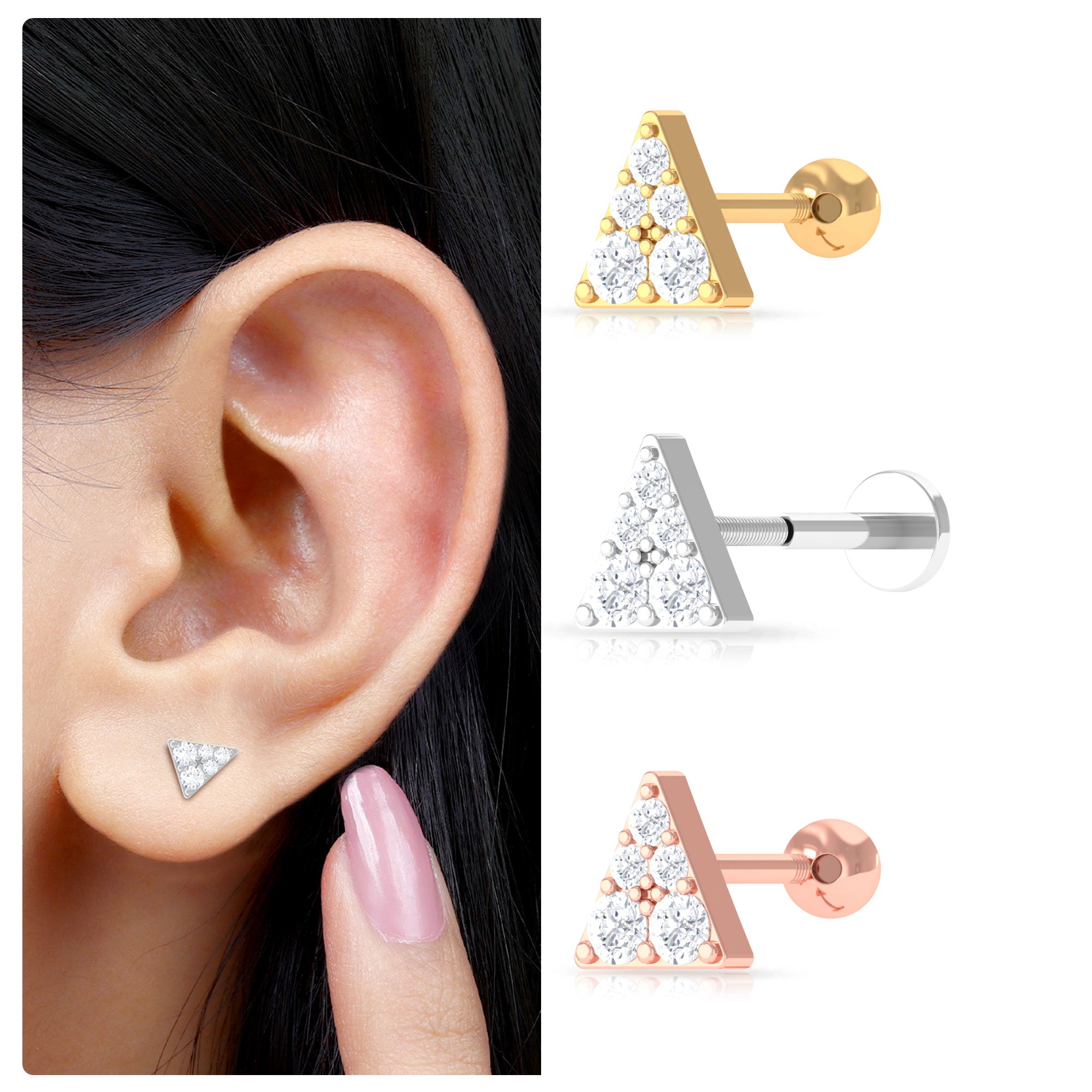 Rosec Jewels-Dainty Moissanite Gold Triangle Earring for Cartilage Piercing