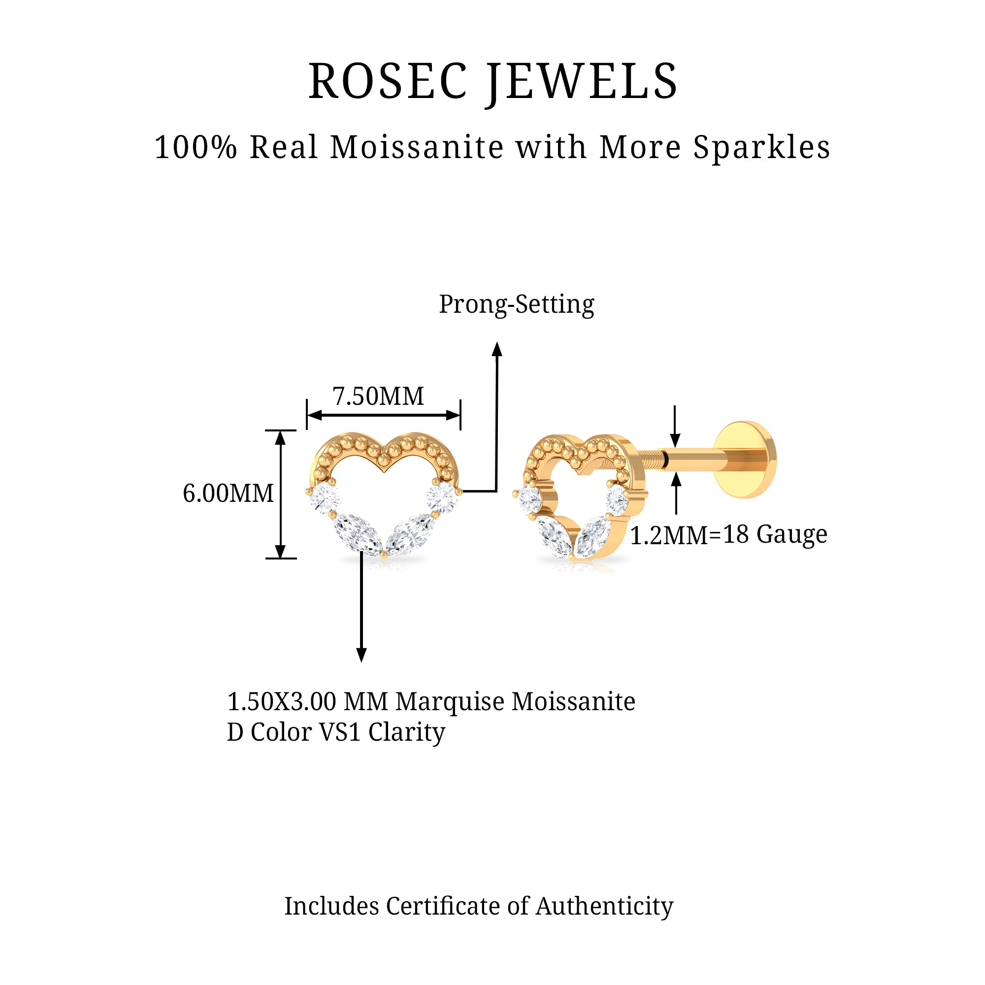 Rosec Jewels-Marquise Moissanite Heart Cartilage Earring with Gold Beads