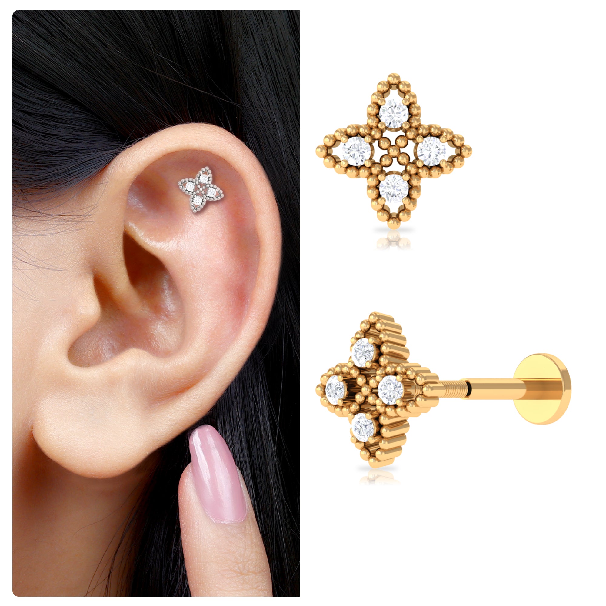 Rosec Jewels-Moissanite Flower Cartilage Earring with Beaded Gold