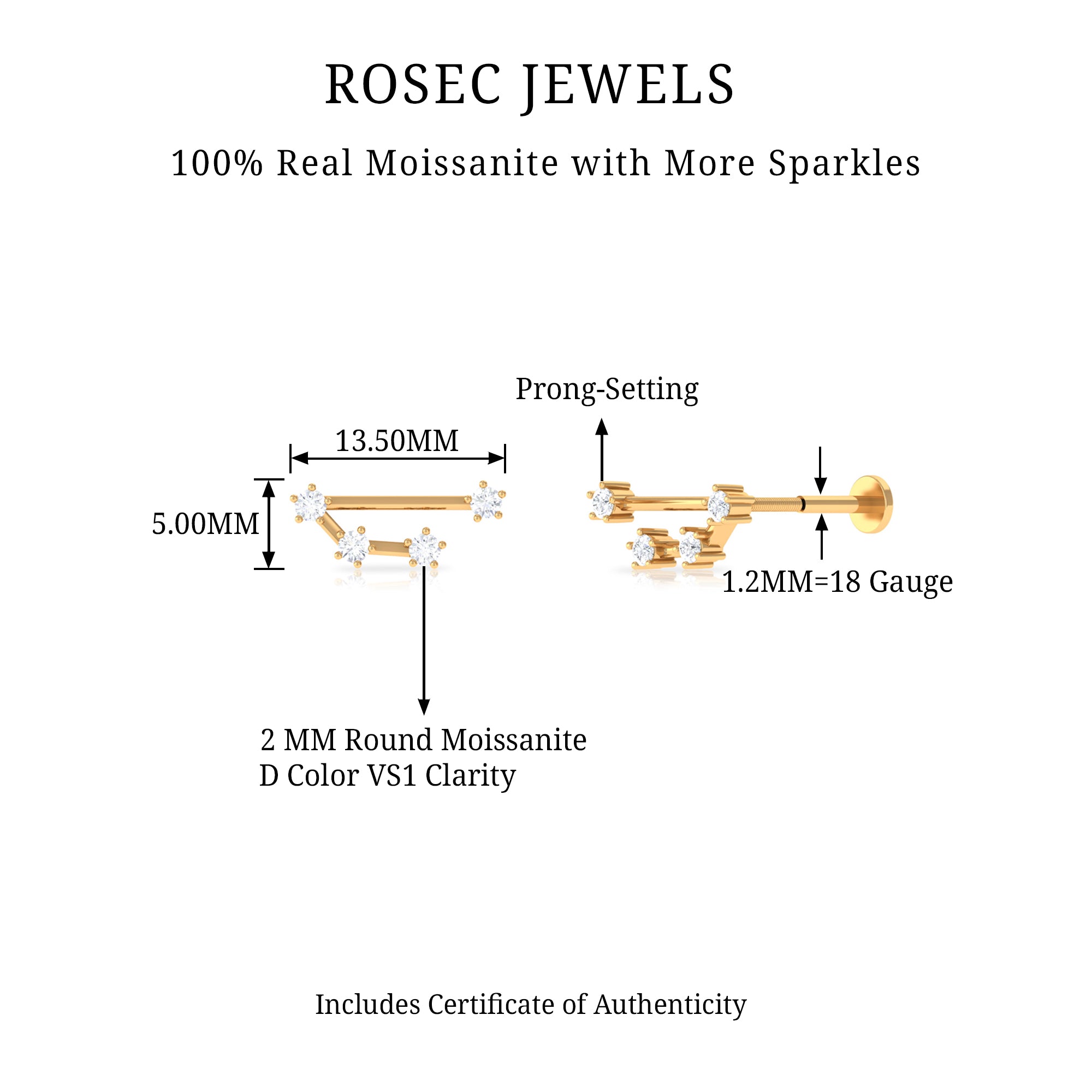 Rosec Jewels-Round Moissanite Aries Zodiac Earring for Helix Piercing