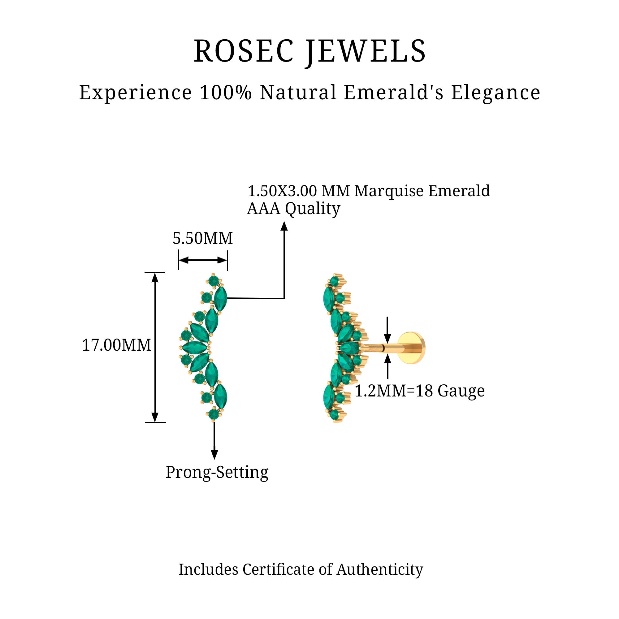 Rosec Jewels-Unique Marquise Emerald Crawler Cartilage Earring in Gold