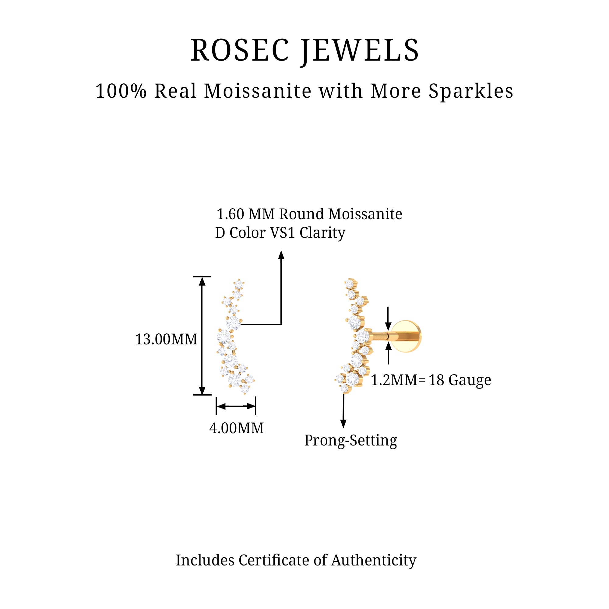 Rosec Jewels-Certified Moissanite Cluster Crawler Earring in Gold