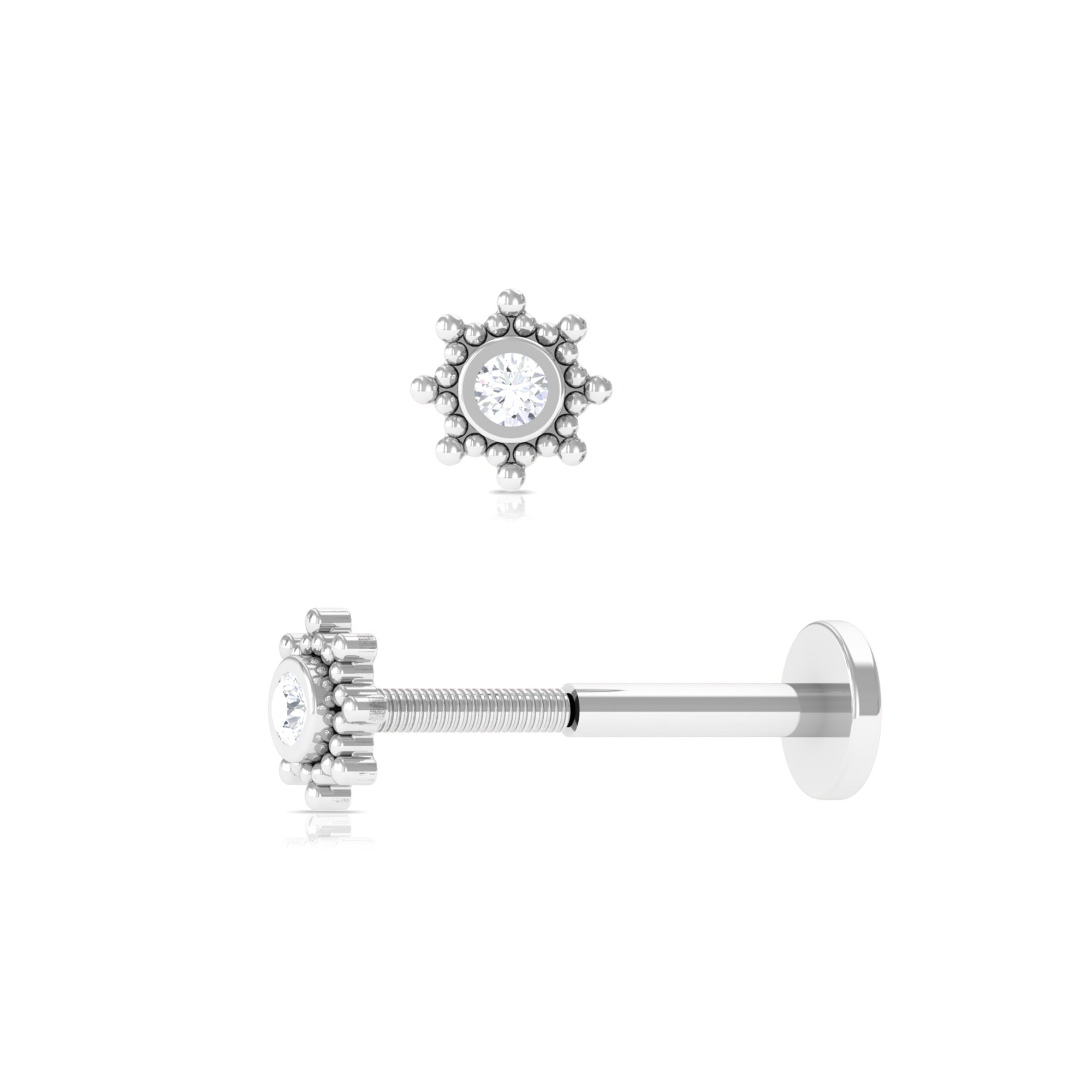 Rosec Jewels-Dainty Moissanite Solitaire Beaded Conch Earring in Bezel Setting