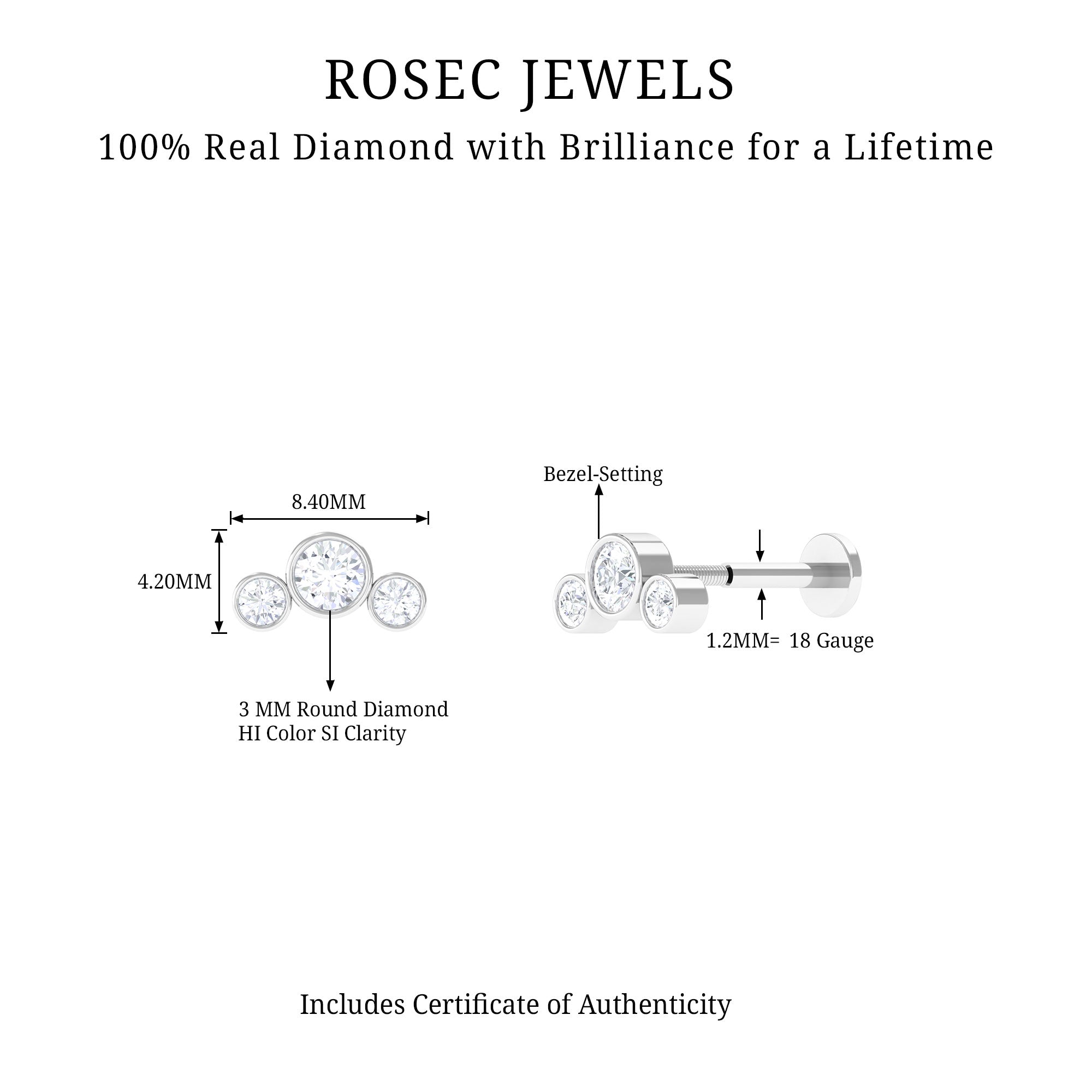 Rosec Jewels-Bezel Set Diamond Three Stone Earring for Helix Piercing