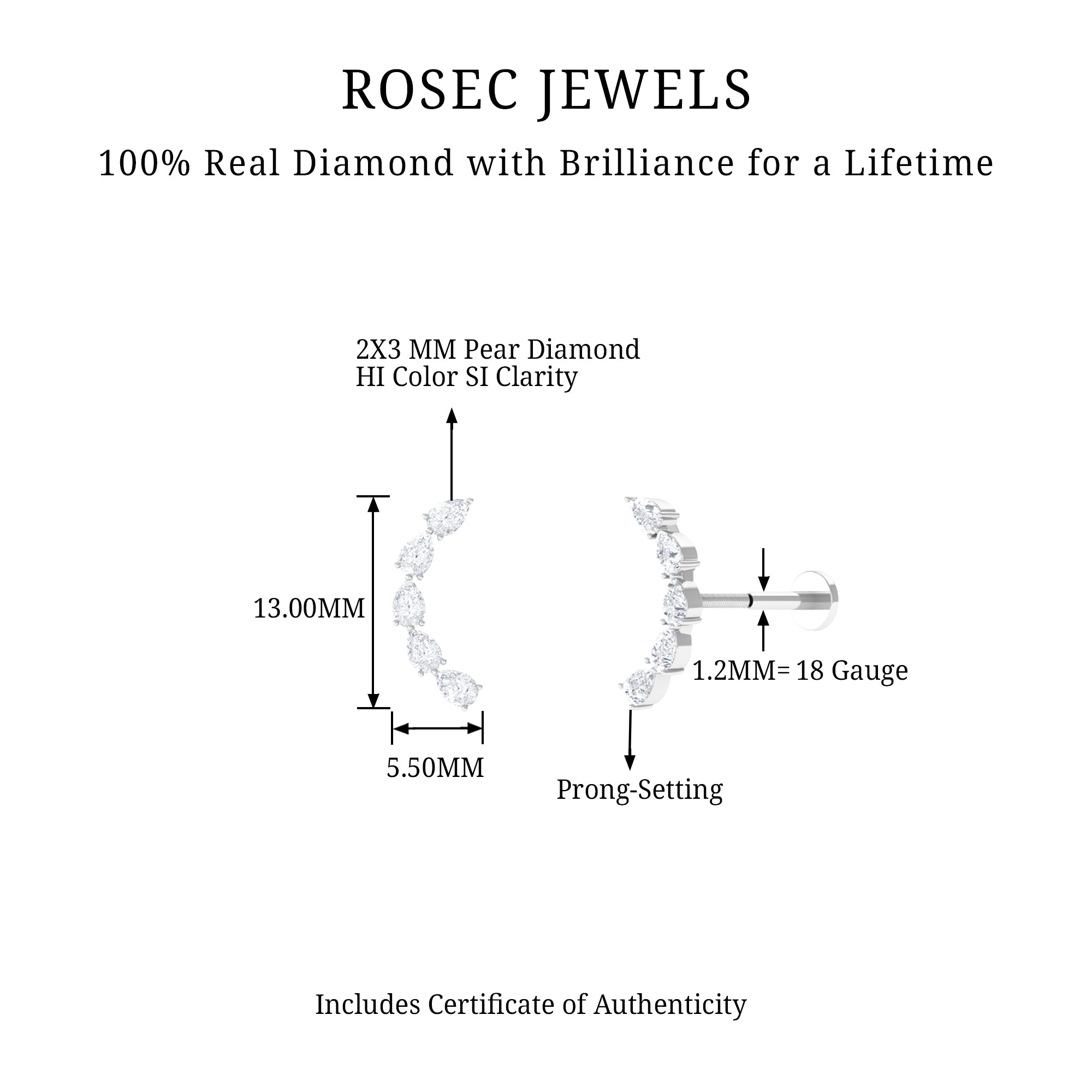 Rosec Jewels-Pear Shape Diamond Crawler Earring for Cartilage Piercing