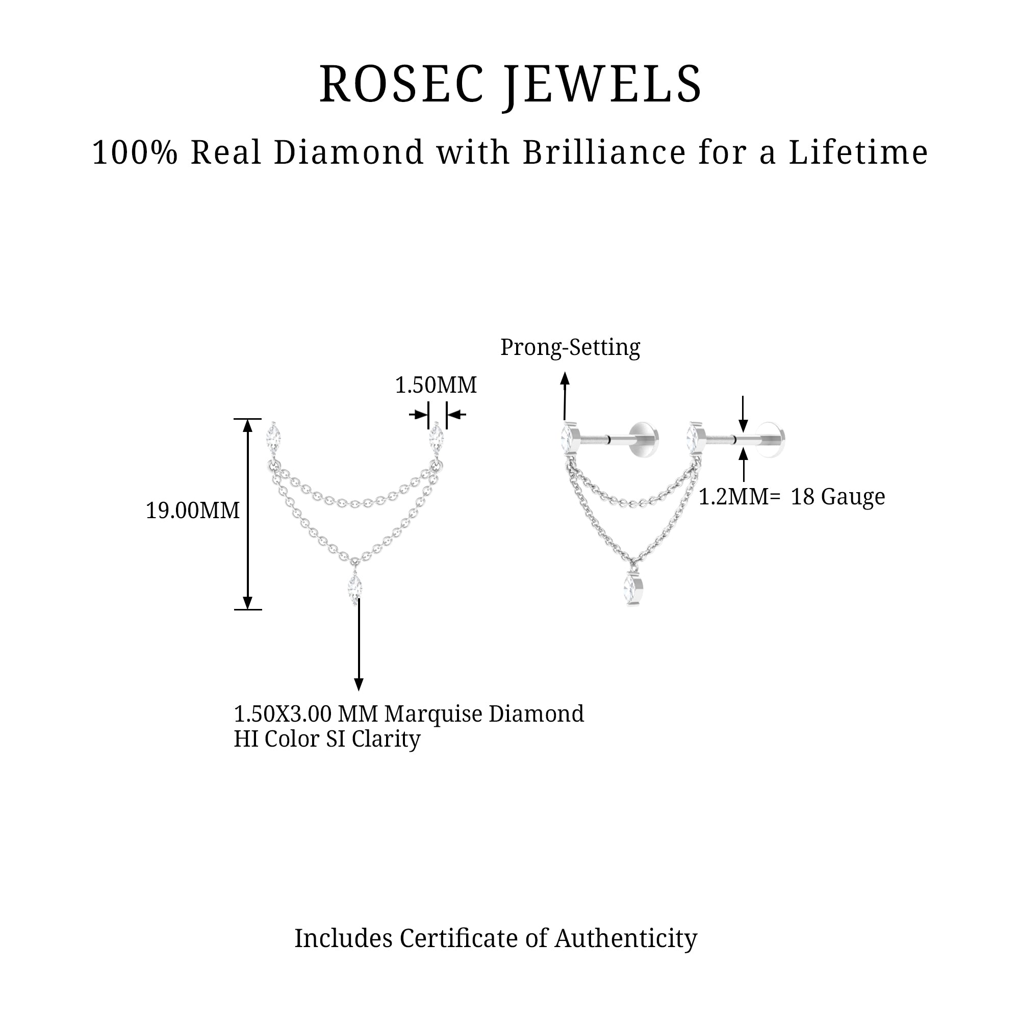 Rosec Jewels-Marquise Diamond Double Piercing Earring with Dangling Chain