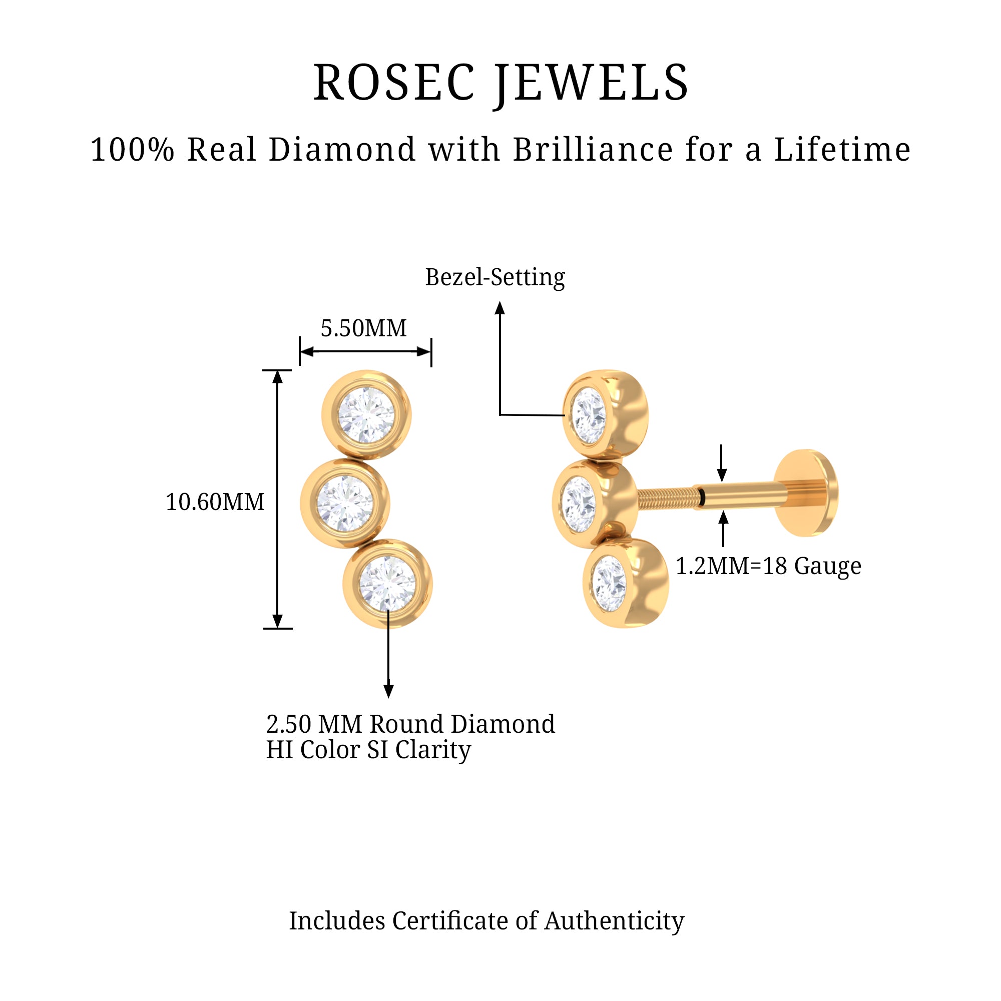 Rosec Jewels-Three Diamond Curved Helix Earring in Bezel Setting