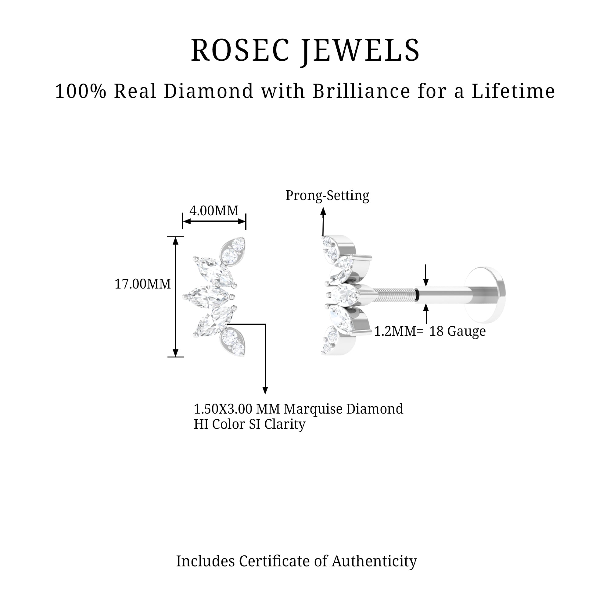 Rosec Jewels-Marquise Diamond Leaf Crawler Earring for Helix Piercing