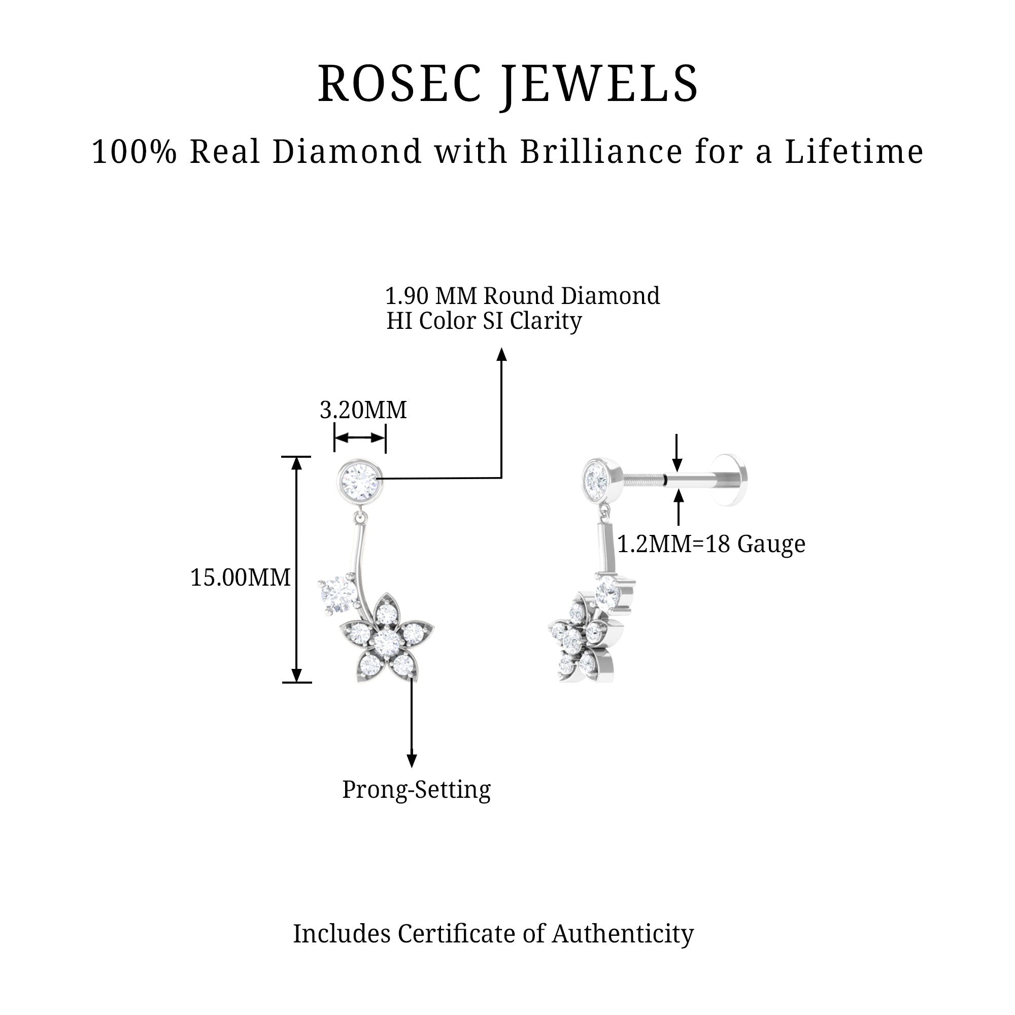 Rosec Jewels-Genuine Diamond Floral Drop Earring for Cartilage Piercing