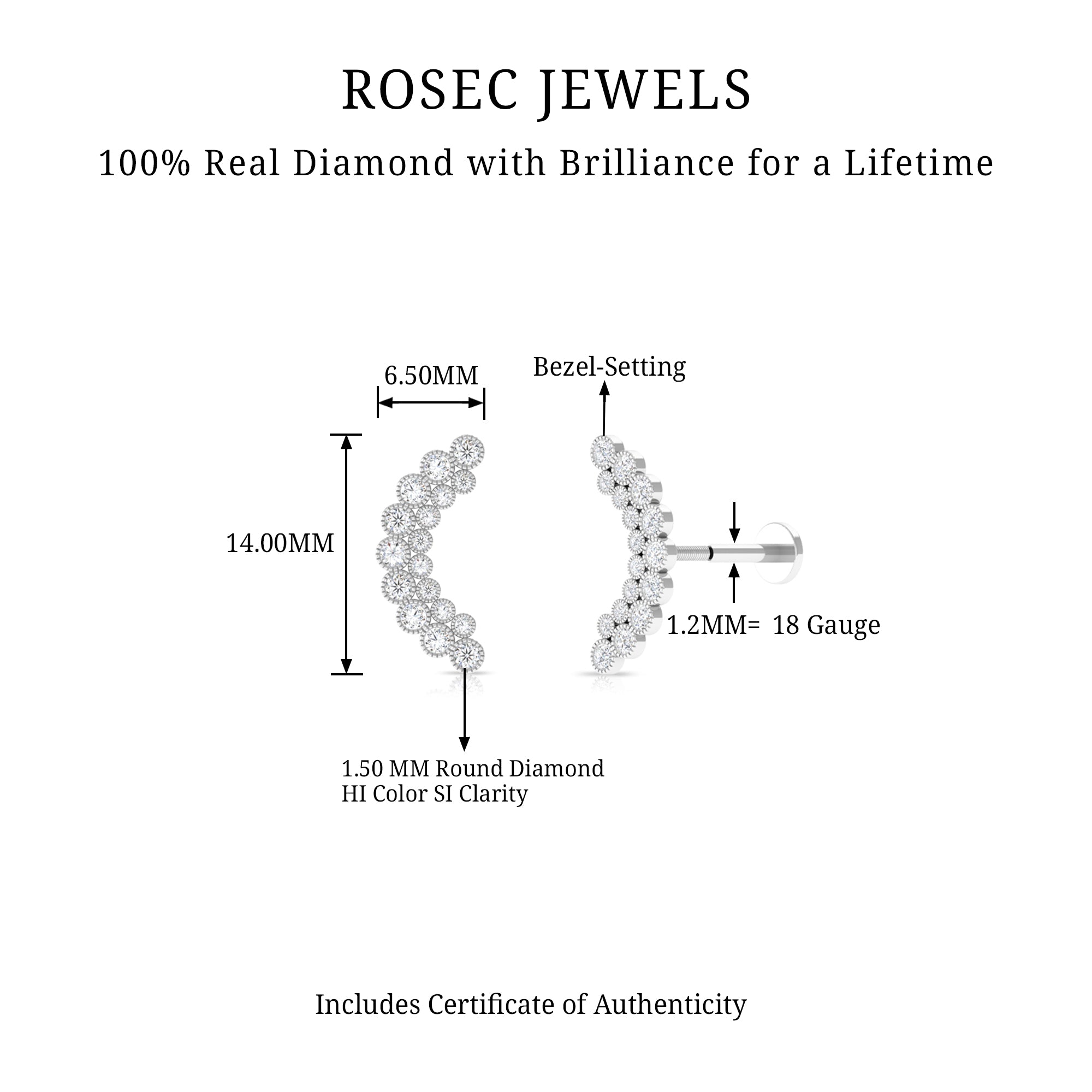 Rosec Jewels-Genuine Diamond Curved Crawler Earring in Bezel Set