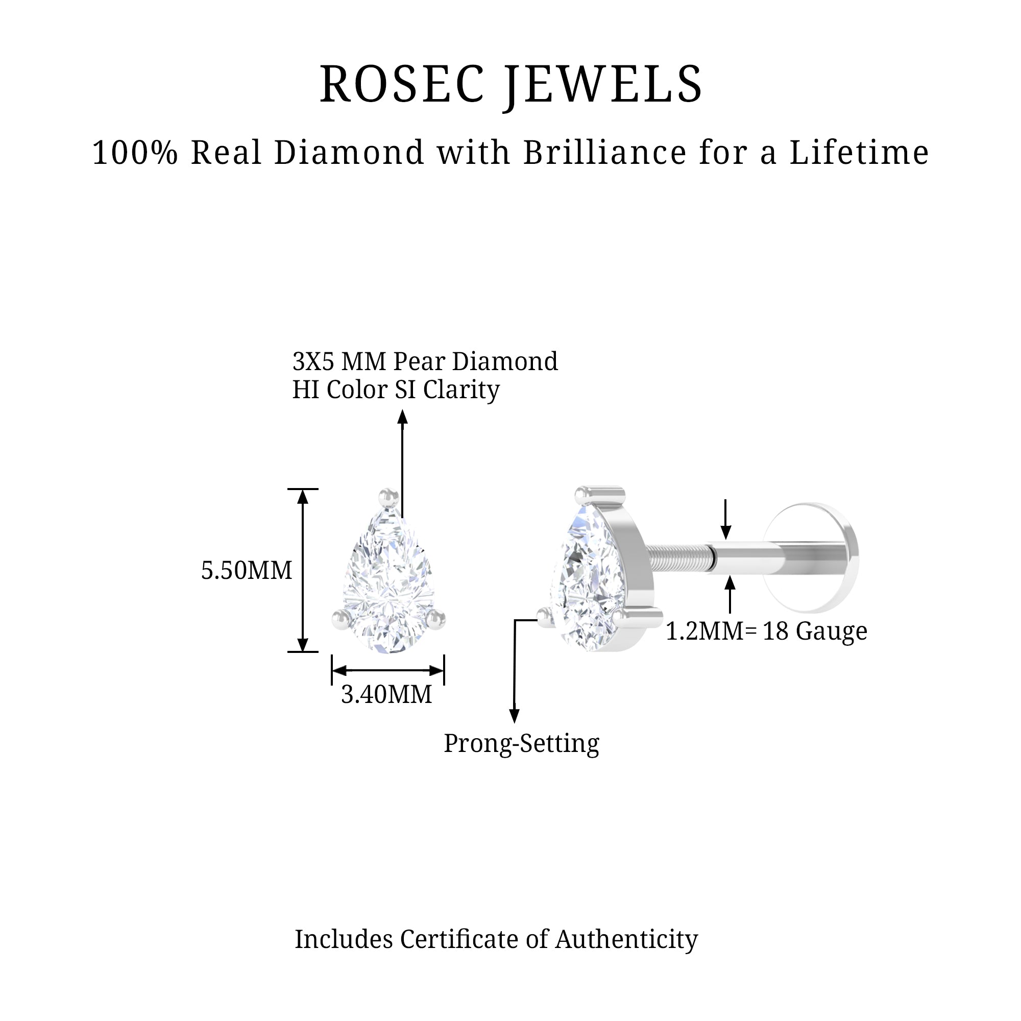 Rosec Jewels-Solitaire Pear Shape Diamond Earring for Tragus Piercing